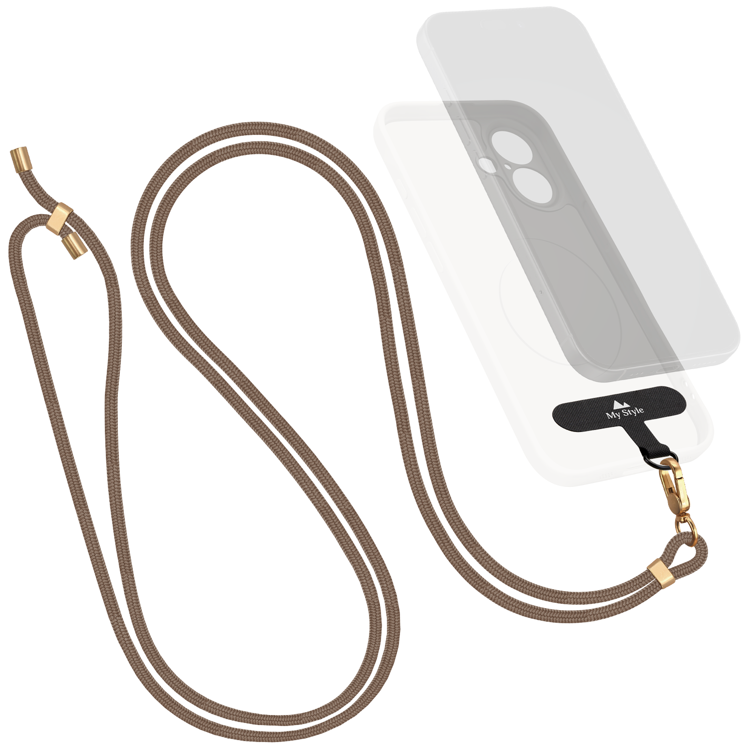 Brown lanyard cord with gold hardware attached to a black phone case.