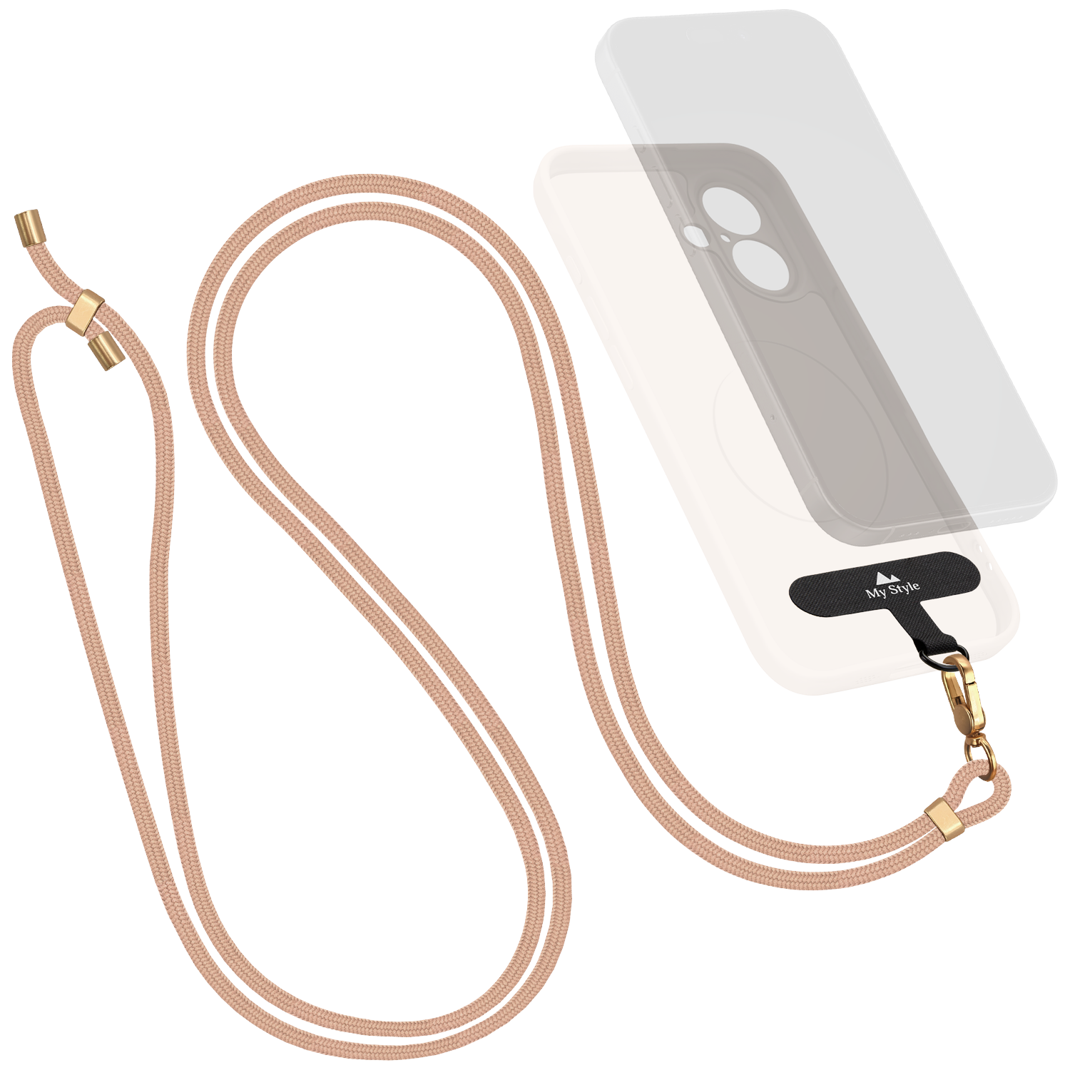 A beige corded phone lanyard with gold hardware.
