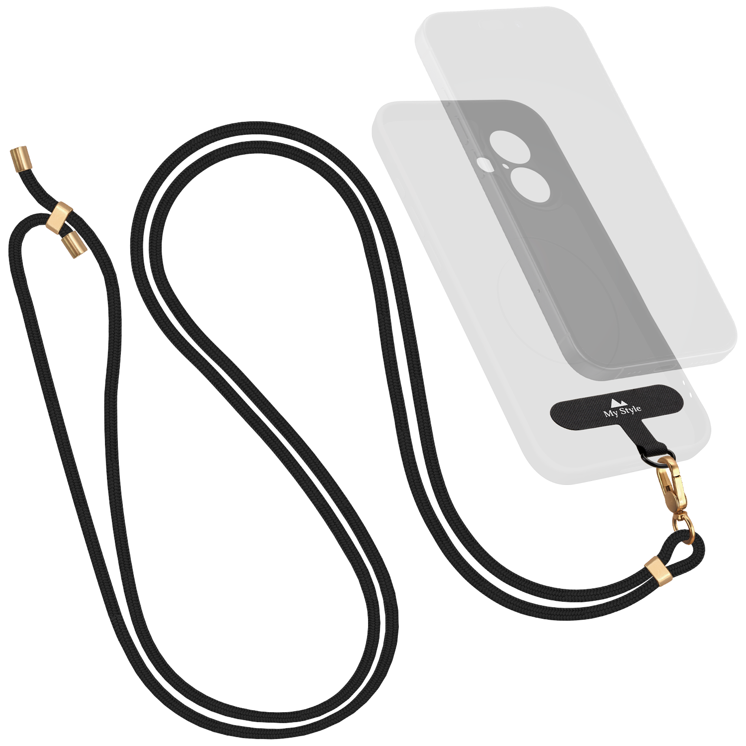 Black lanyard with gold accents and phone case