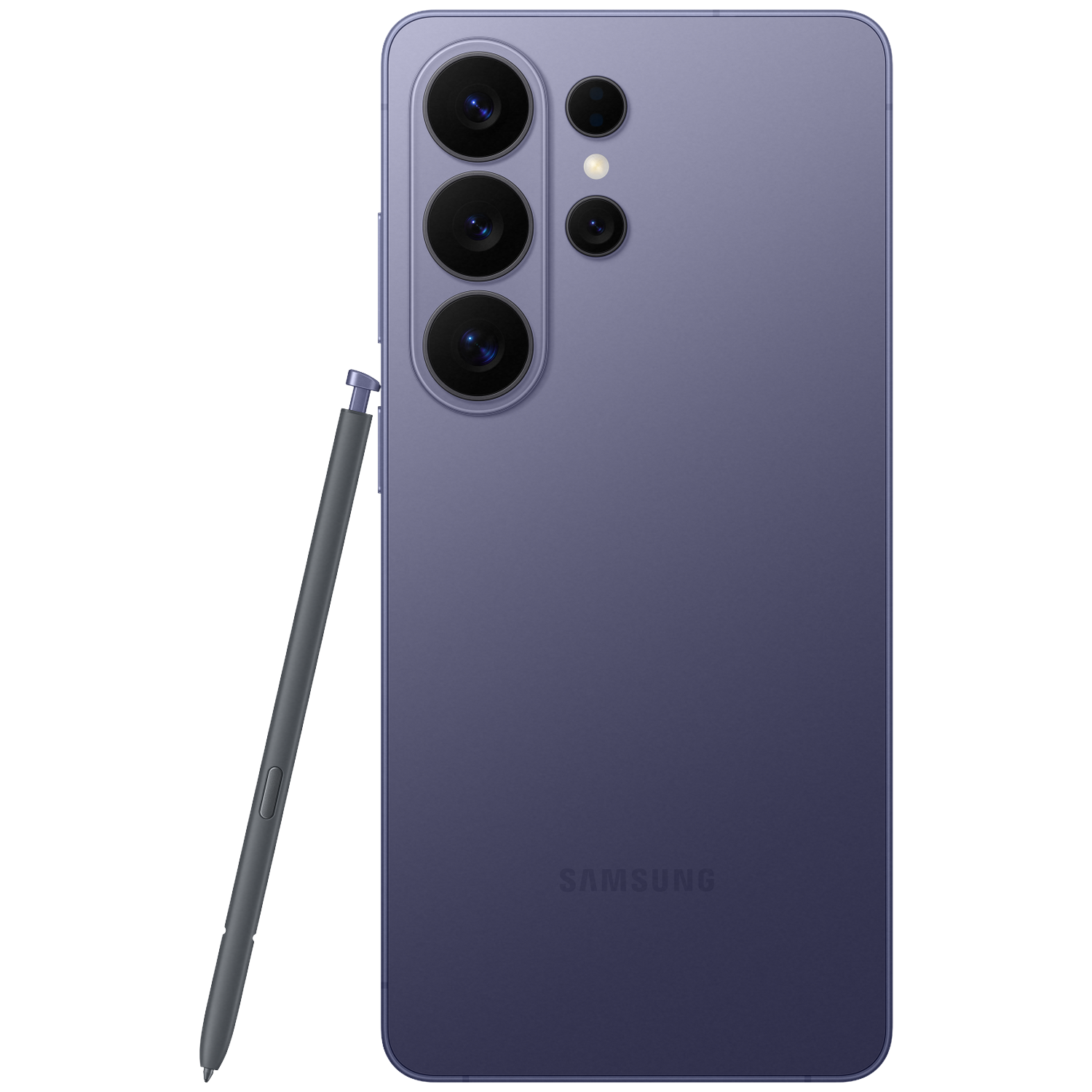A purple Samsung smartphone with a stylus and four cameras on a black background.