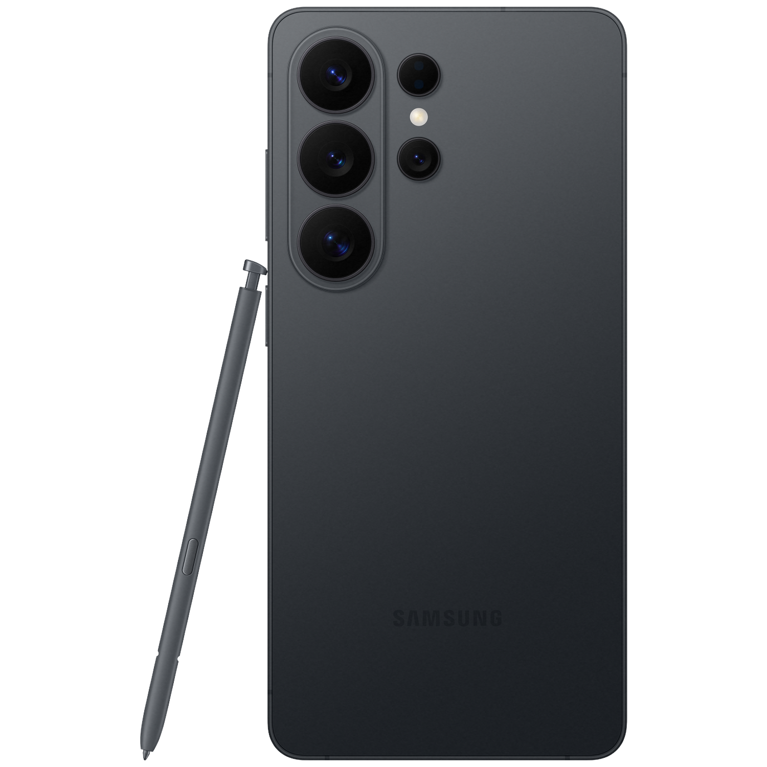 Donkergrijs Samsung-smartphone met stylus, vier camera's aan de achterkant.