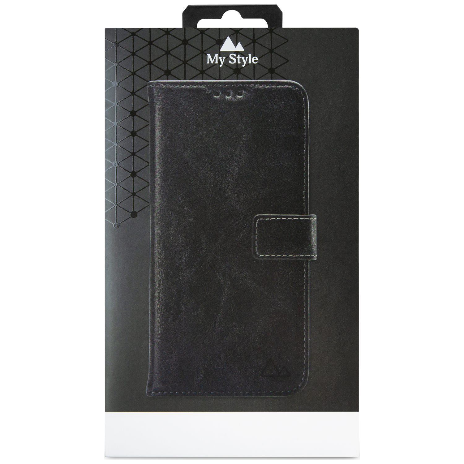 Zwart lederen flip cover voor smartphone in verpakking met geometrisch patroon.