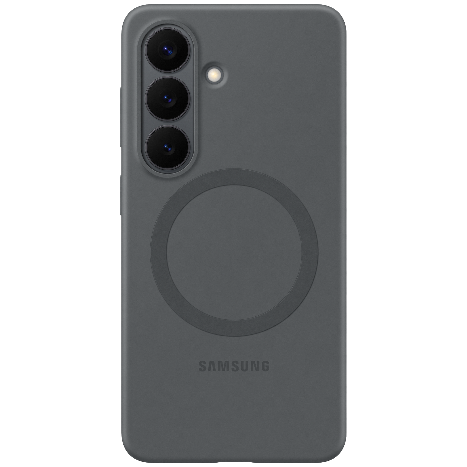 Donkergrijze telefoonhoes met drie camera's en oplaadring. Samsung logo onderaan.