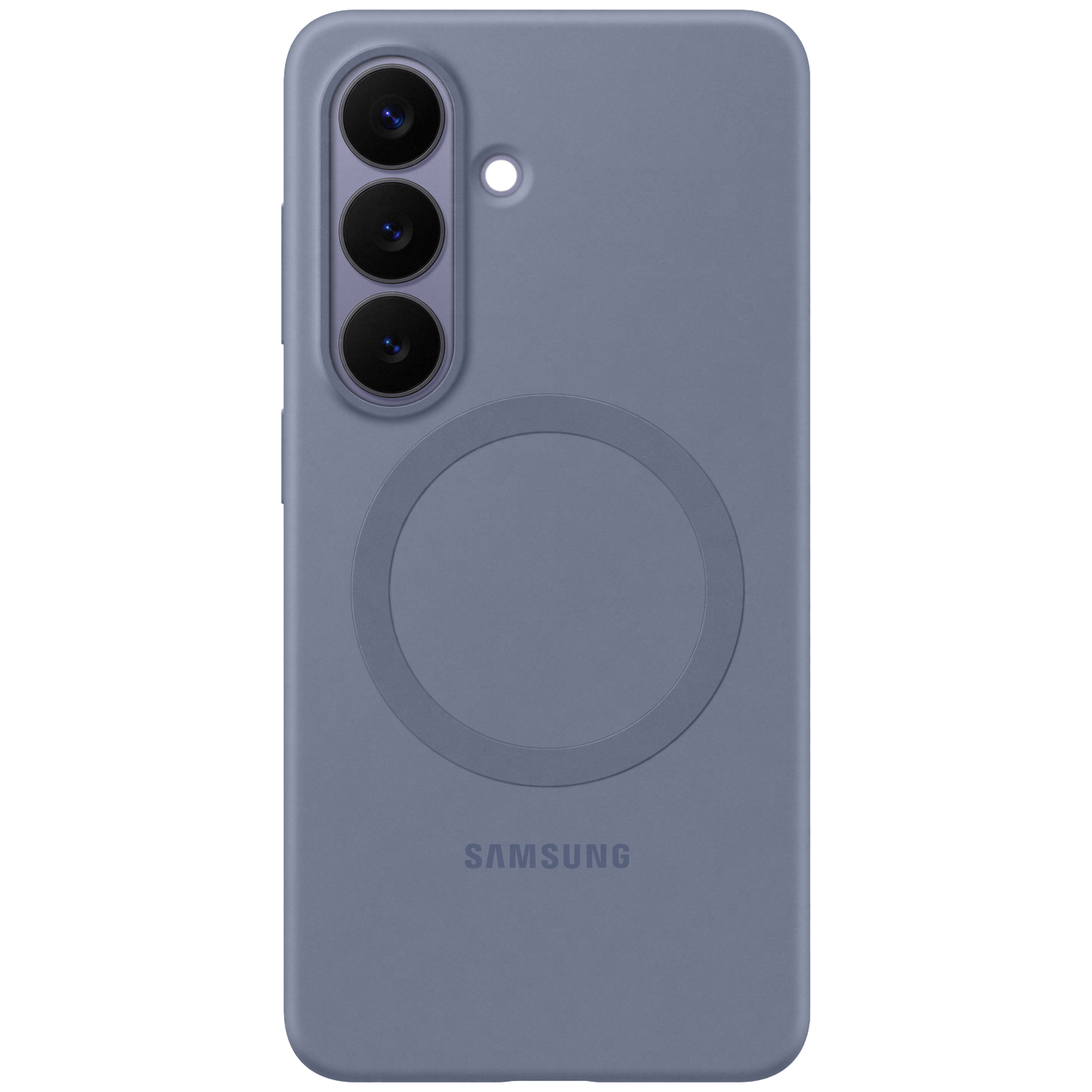 Grijze telefoonhoes met drie cameralenzen en een cirkelvormig oplaadgebied.
