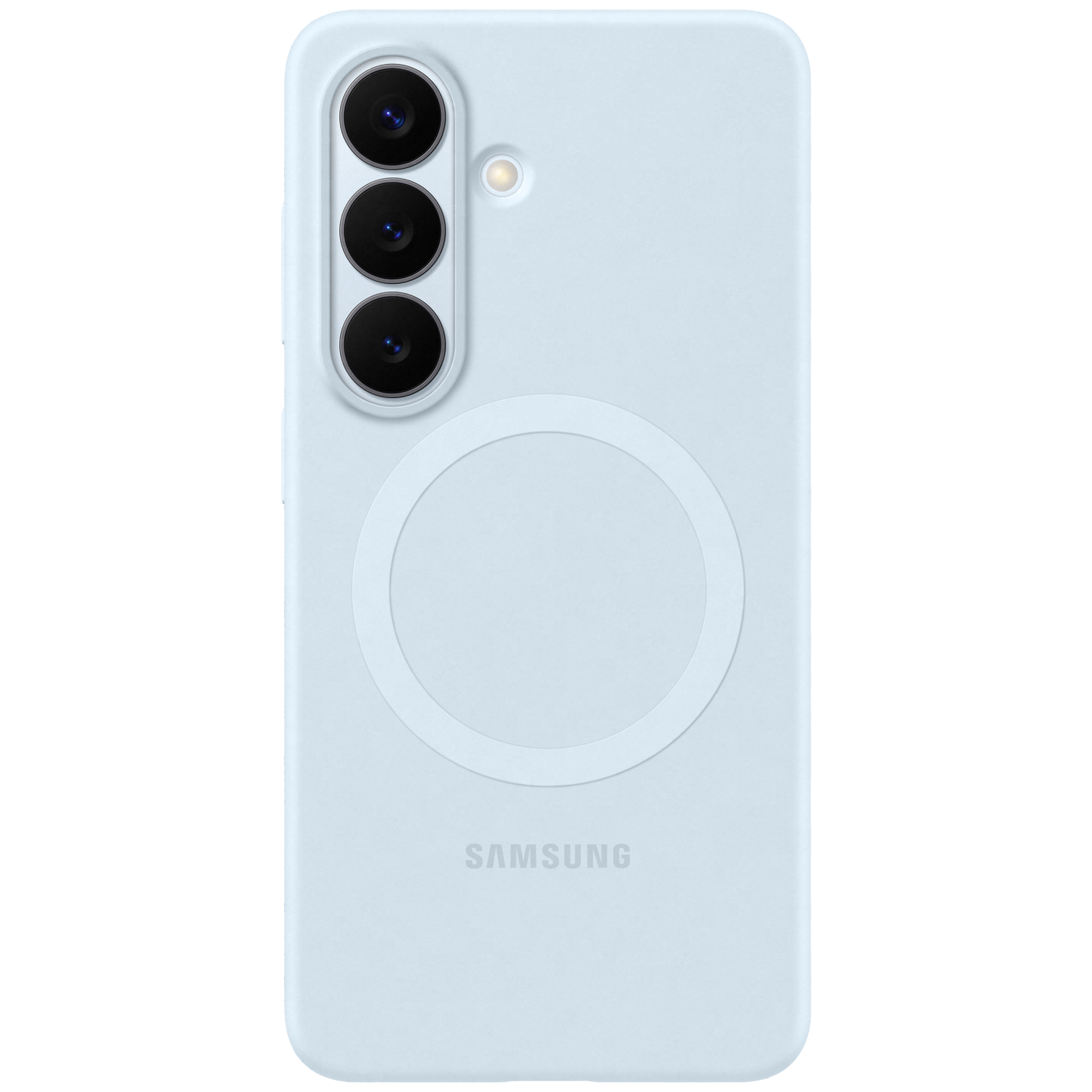 Lichtblauwe telefoonhoes met drie camera's en een ring.