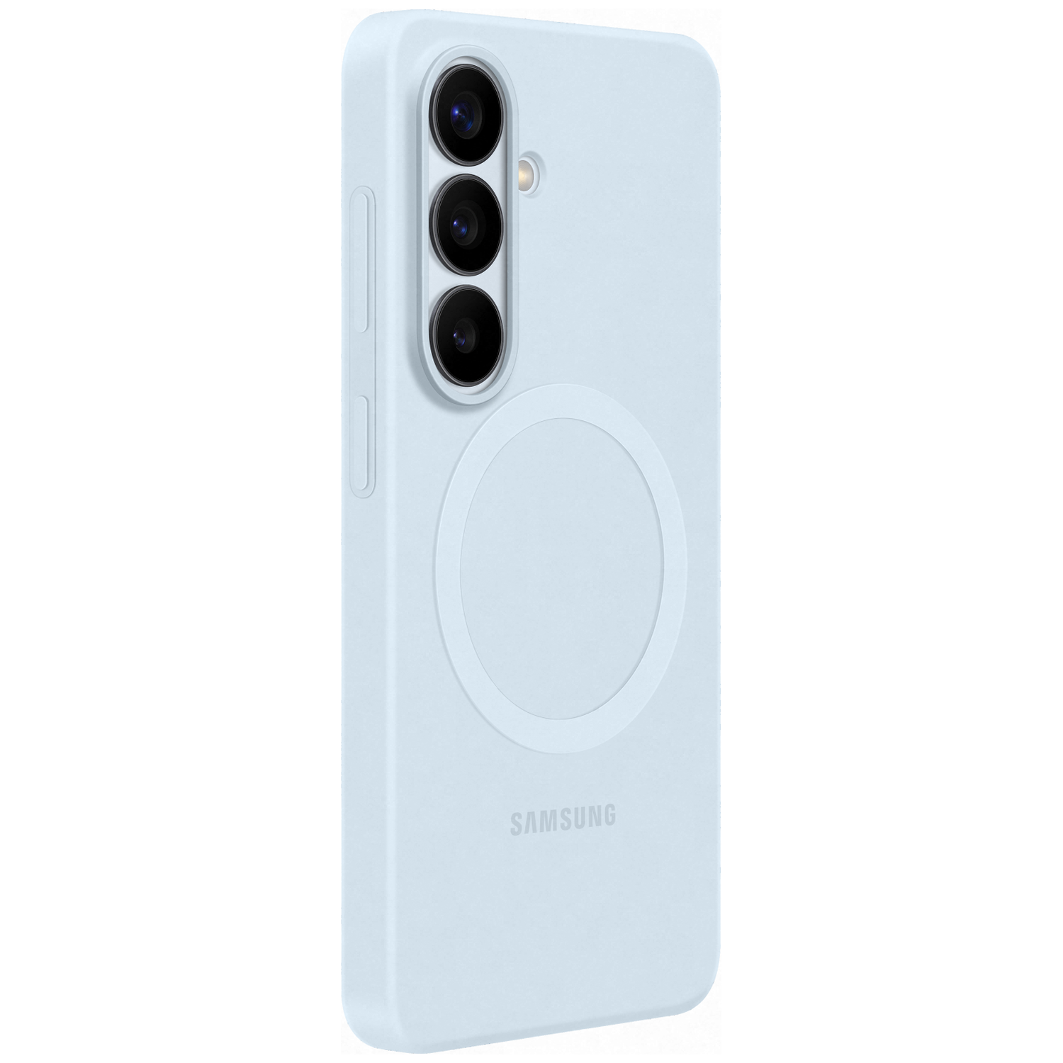 Een lichtblauwe telefoon met drie camera's en een cirkelvormig ontwerp op de achterkant.
