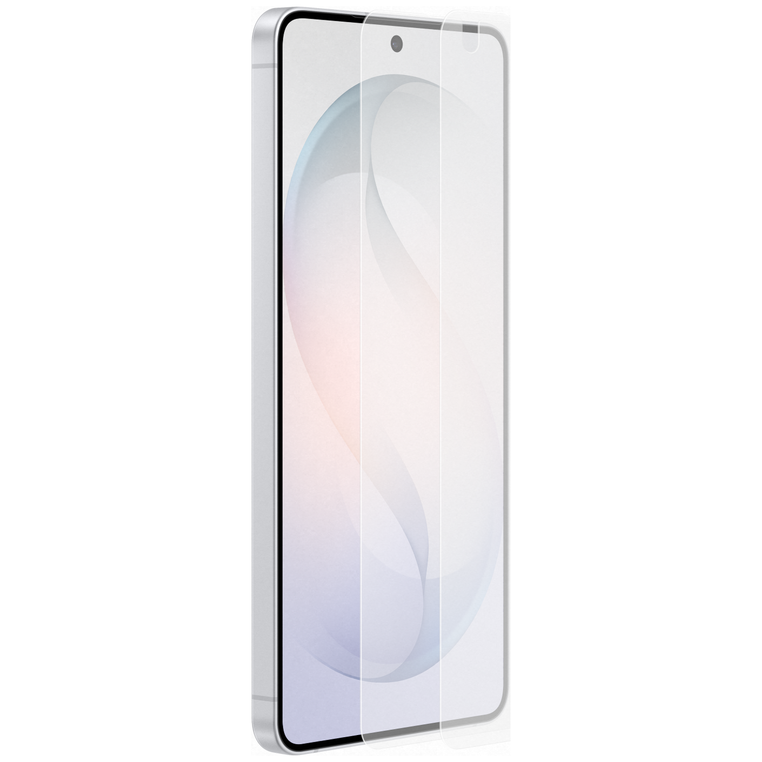 Een smartphone met een schermprotector op witte achtergrond.