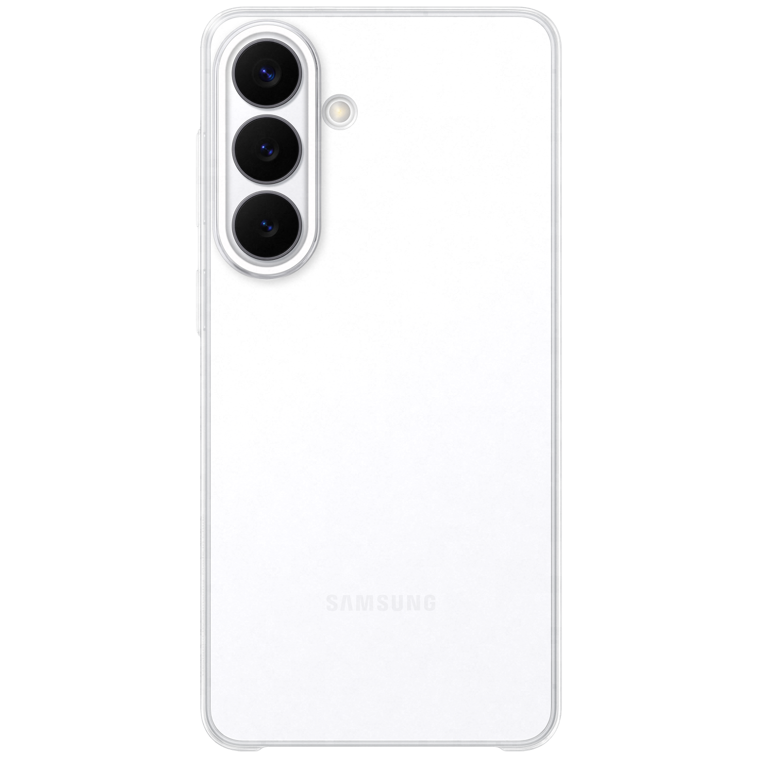 Achterkant van een witte smartphone met drie camera's en Samsung-logo.