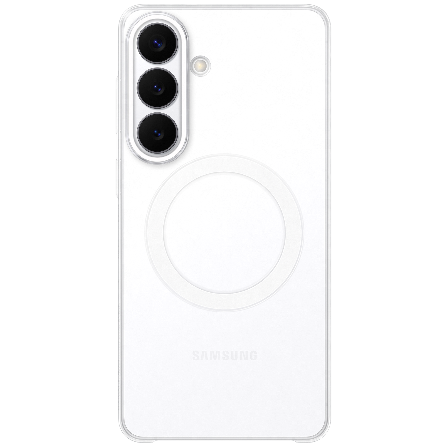 Een doorzichtige telefoonhoes met drie cameralenzen en een magneetring.