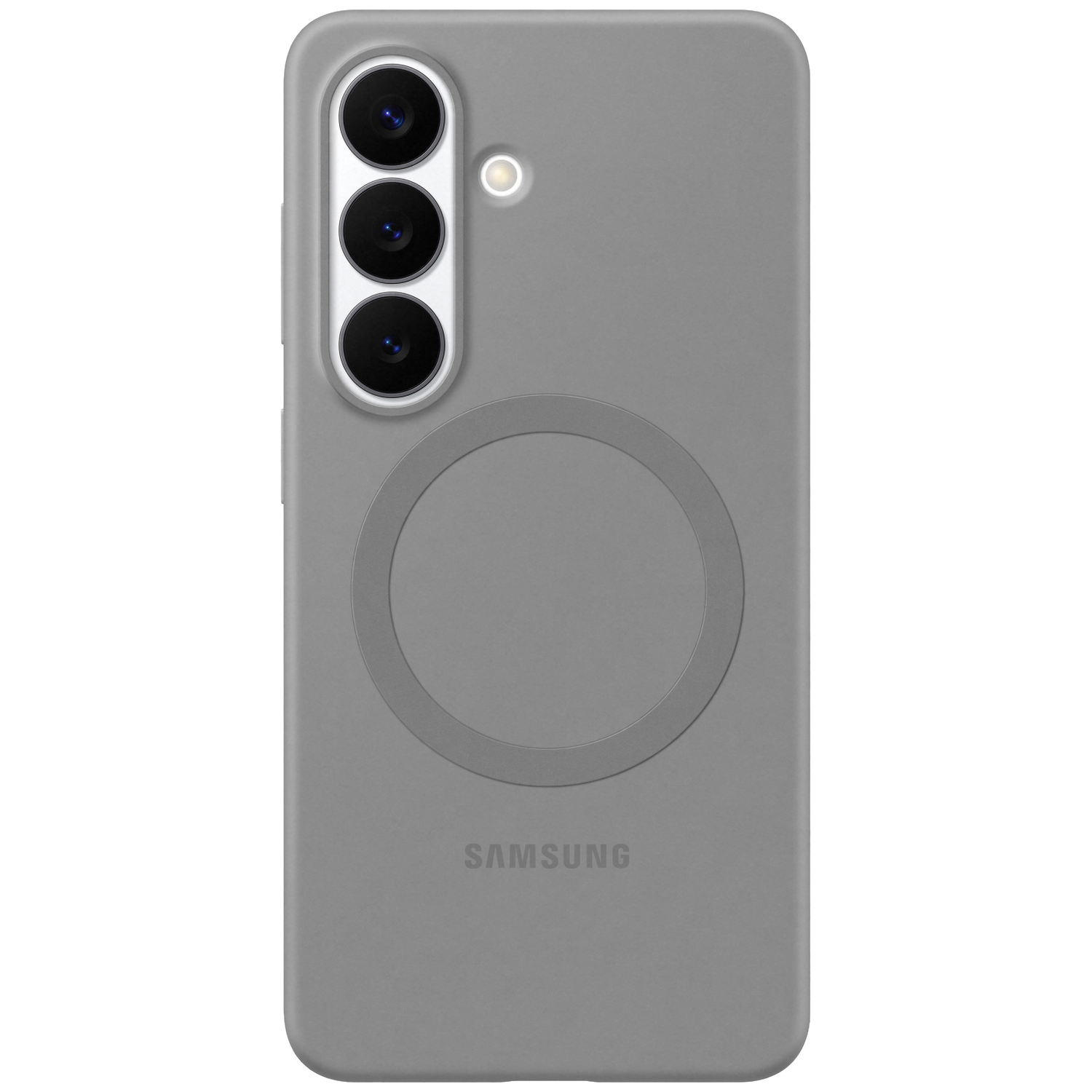 Gray phone case with three cameras and a magnetic ring.