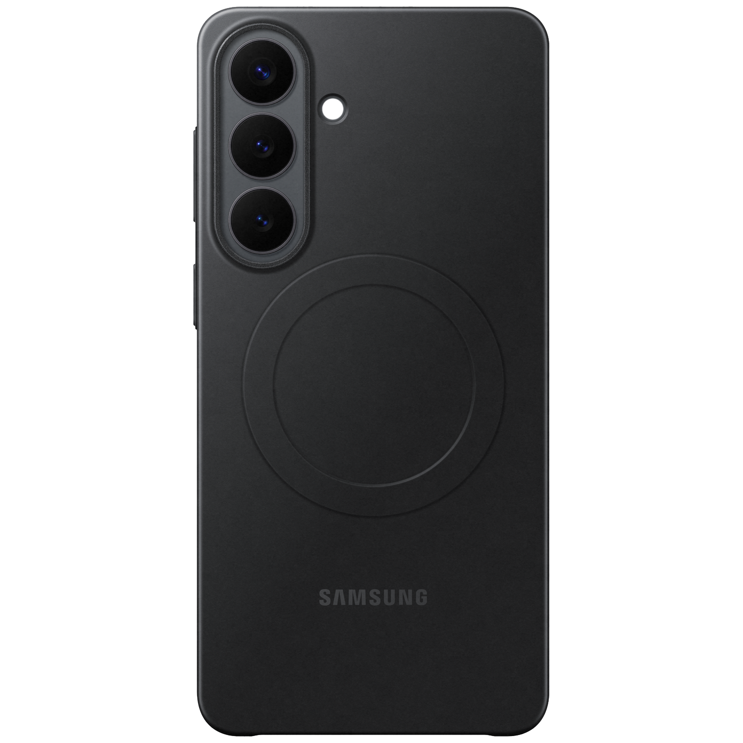 Achterkant van een zwarte Samsung telefoon met drie camera's en oplaadcirkel.
