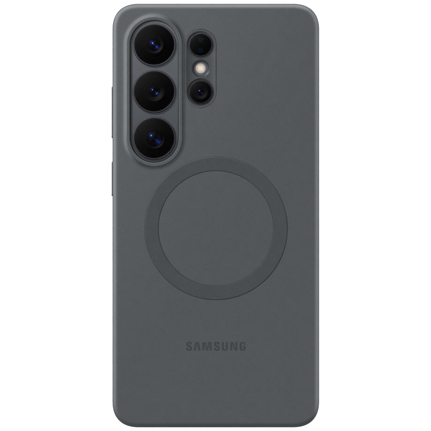 Donkergrijs telefoonhoesje met camera-array en magische ring.