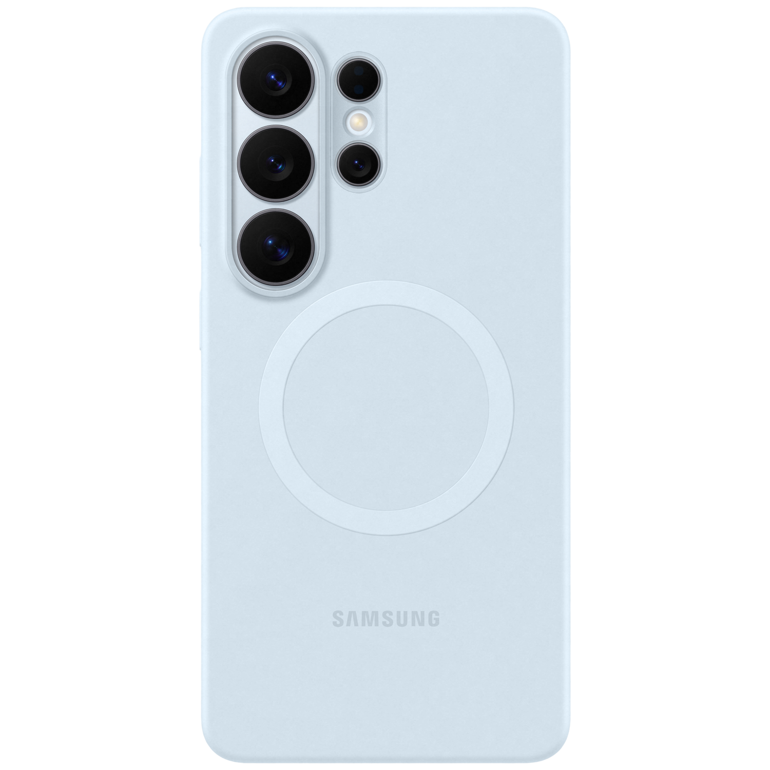 Lichtblauwe telefoonhoes met vier camera's en Samsung-logo.