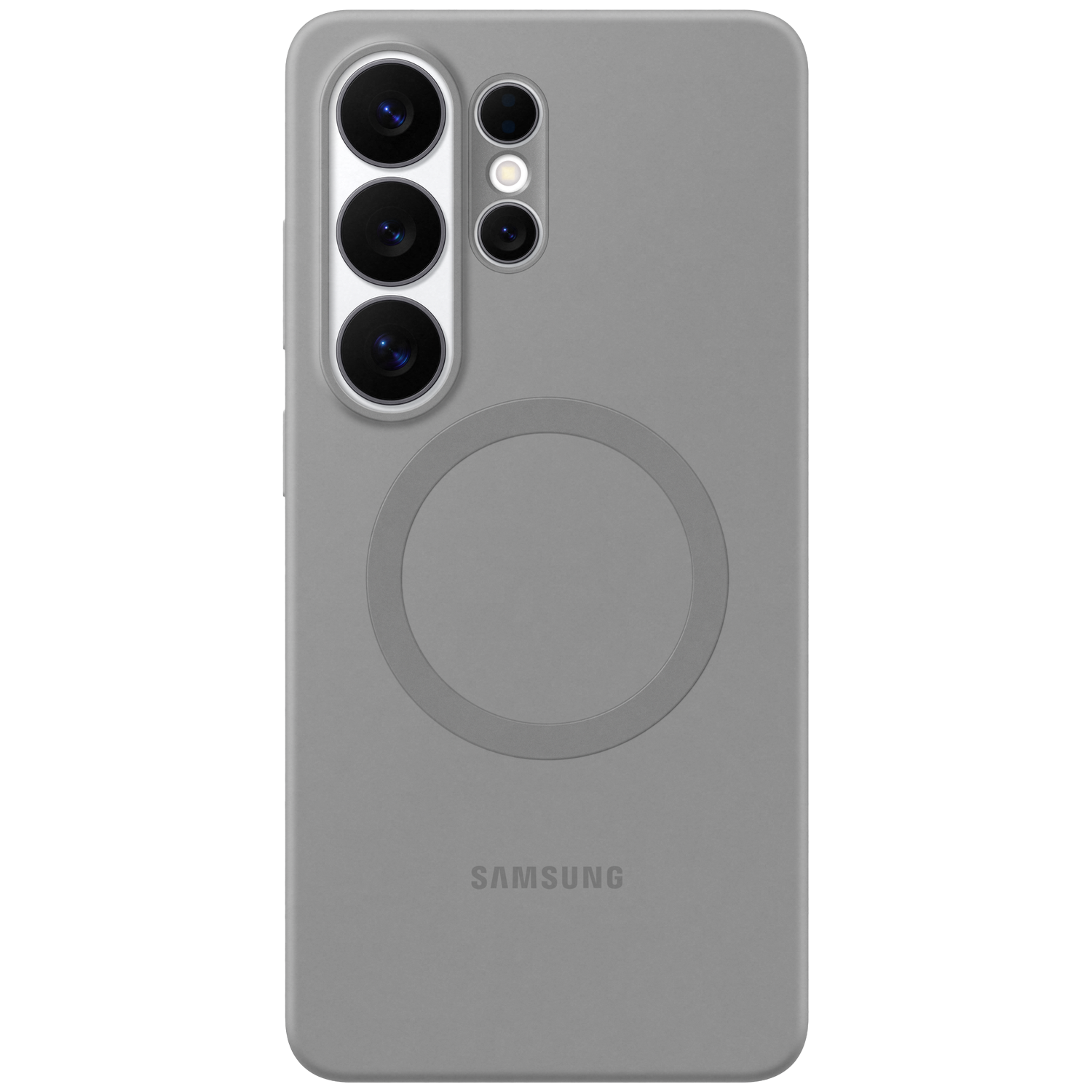 Grijze telefoonhoes met cameralens en Samsung-logo.