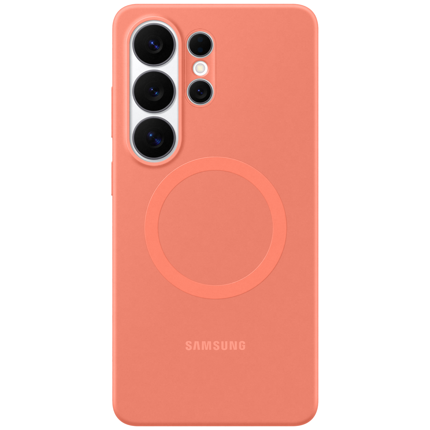 Koraalkleurige telefoonhoes met cameralenzen en Samsung-logo.
