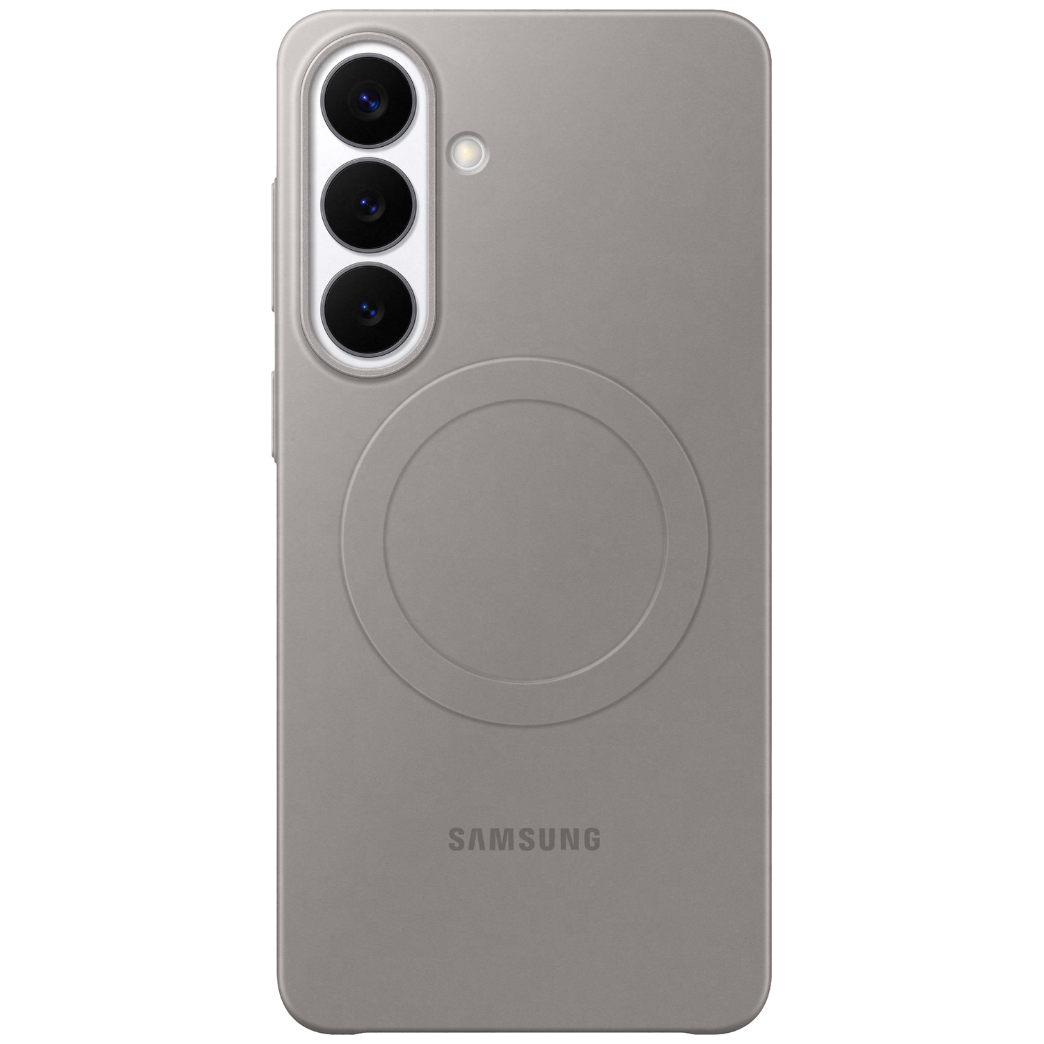 Grijze telefoonhoes met drie cameralenzen en Samsung logo.