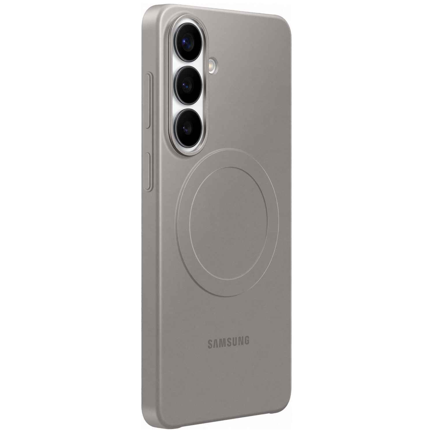 Grijze telefoonhoes met drie camera's en Samsung logo.