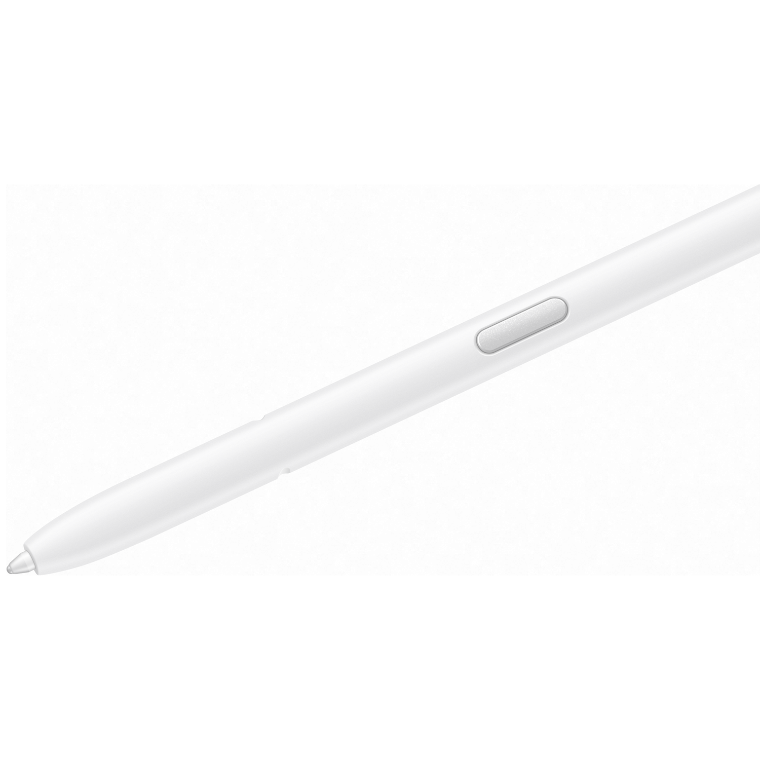 A white stylus with a silver button, close up.