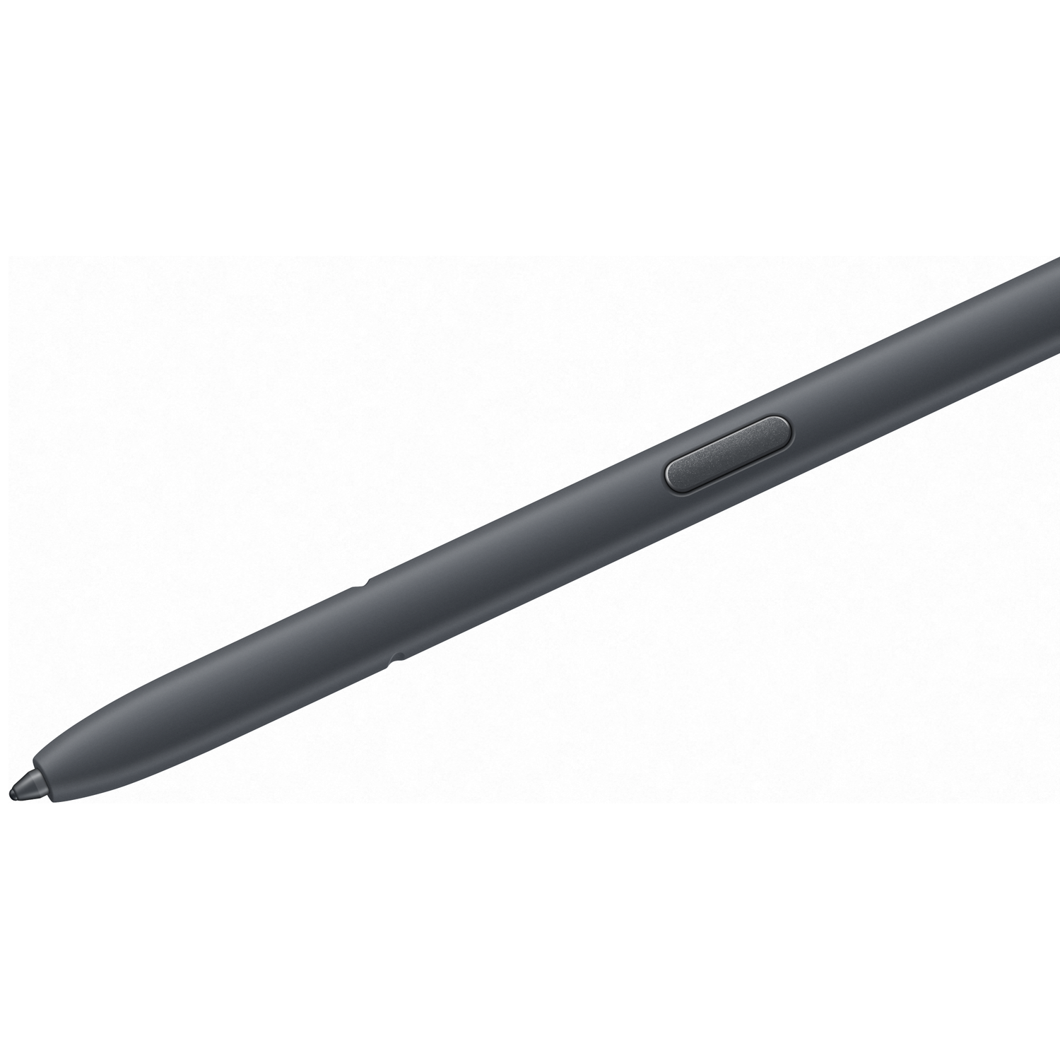 Dark gray stylus with silver button, close-up.