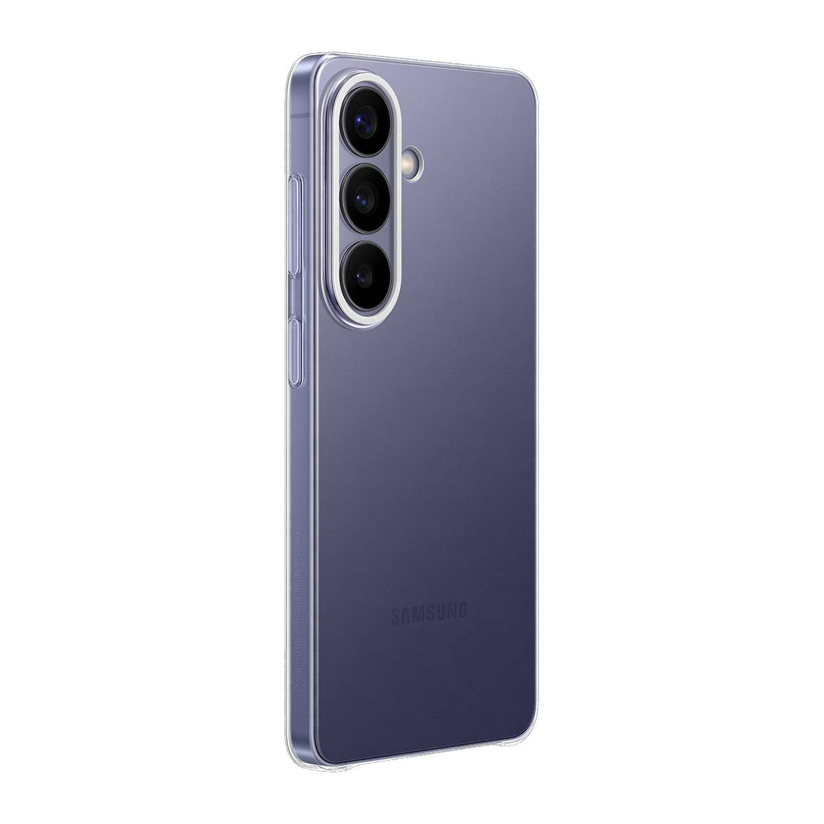 Üçlü kamera ve Samsung logosuna sahip mor telefonda şeffaf kılıf.