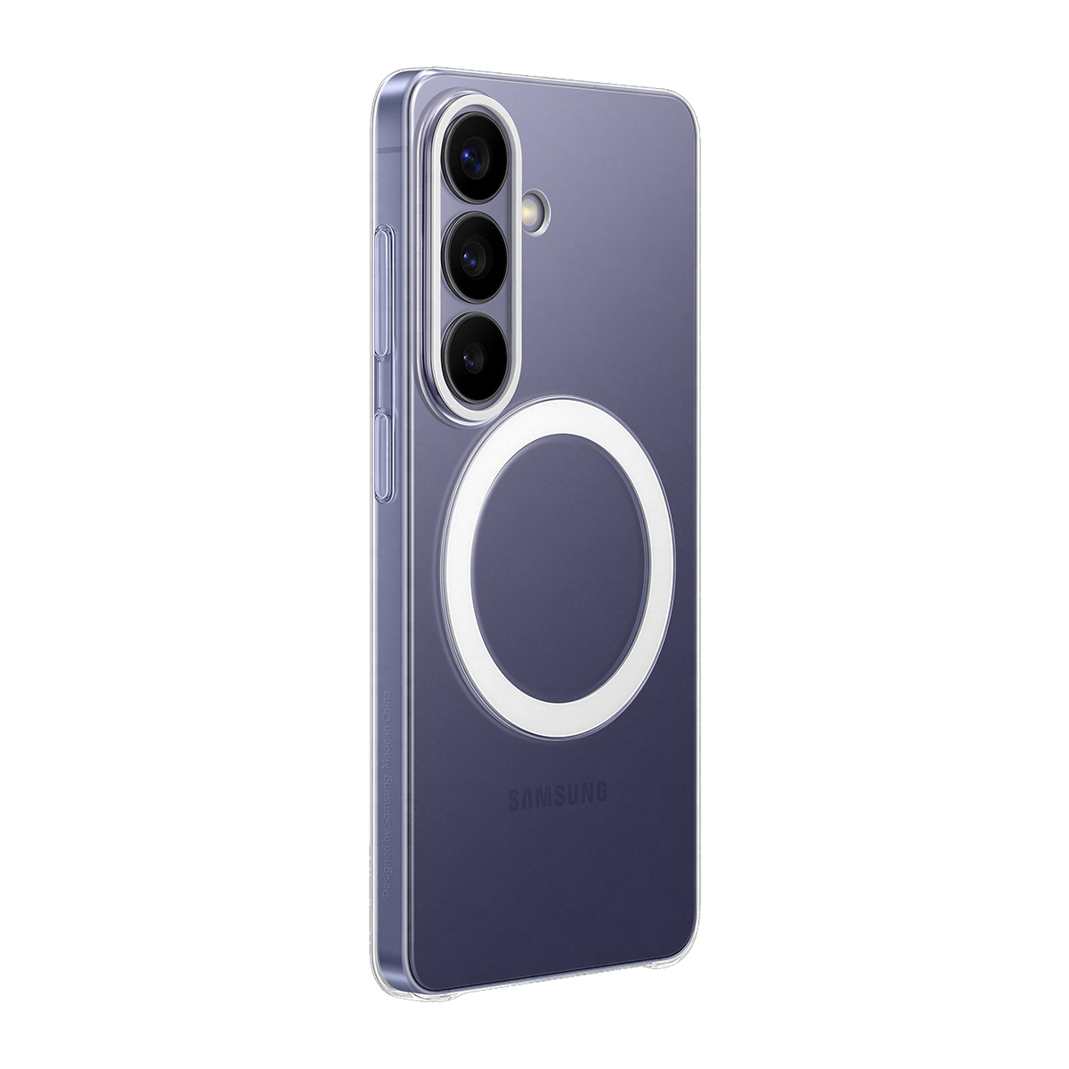 Mor telefon üzerinde üç kamera ve beyaz halkalı şeffaf telefon kılıfı.