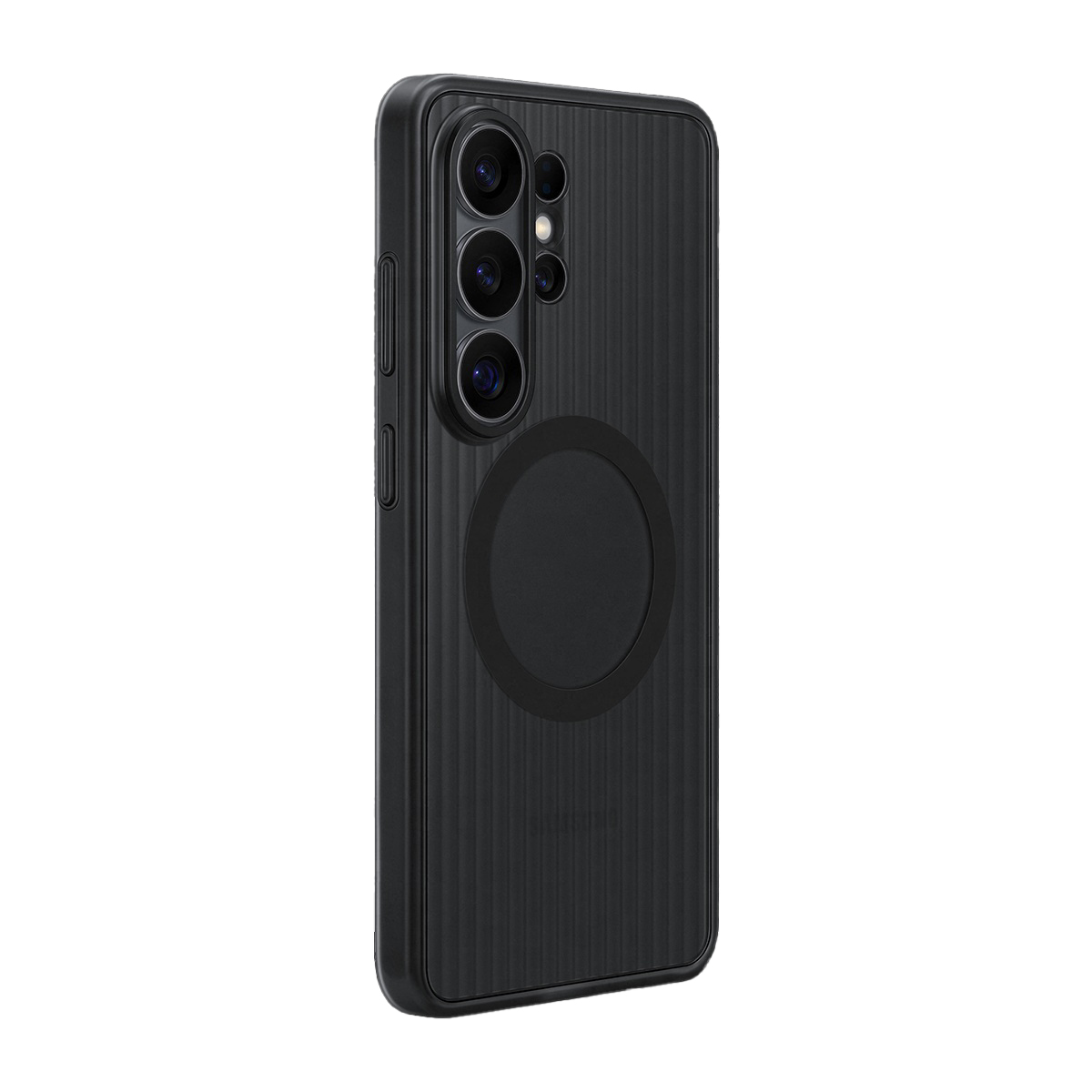Kameralı ve manyetik halkalı siyah, yivli telefon kılıfı.