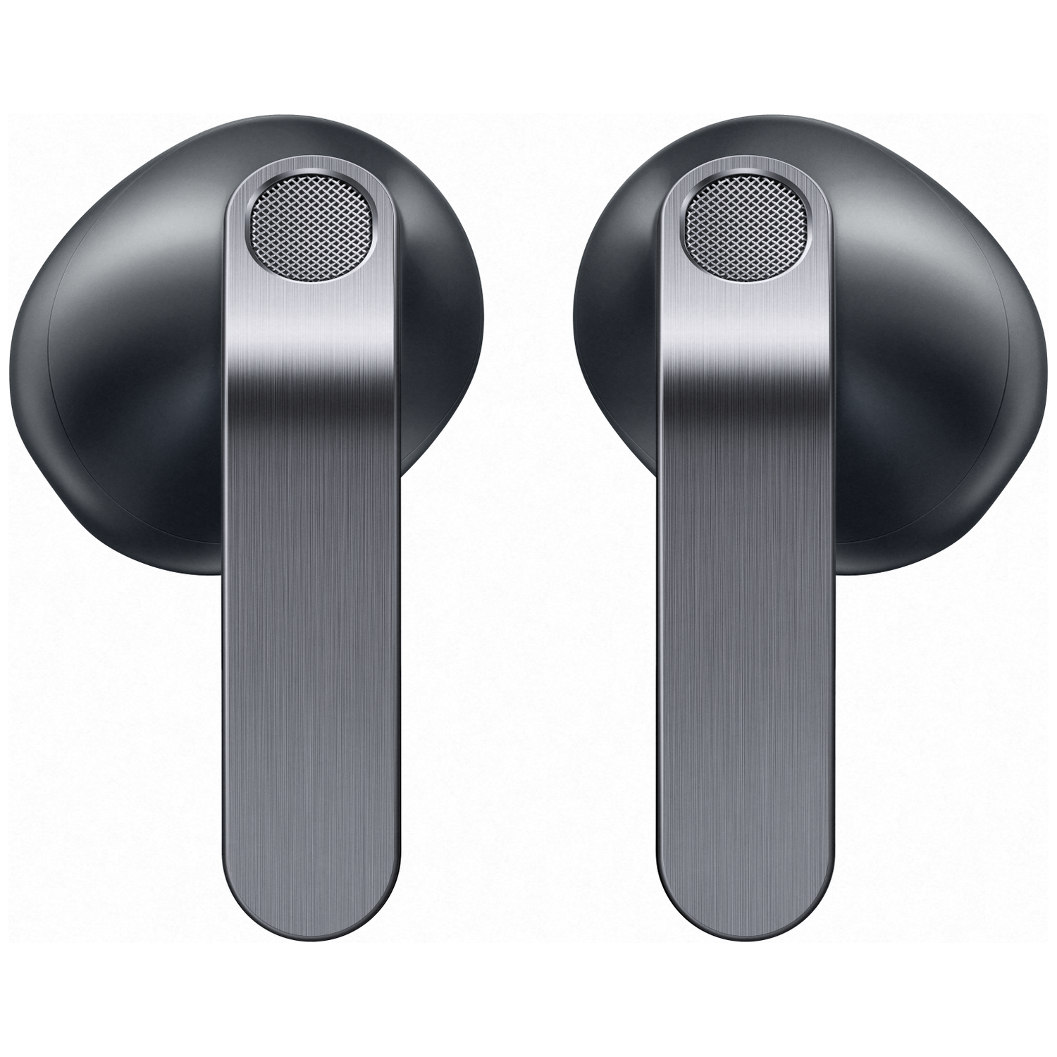 Two dark, shiny earbuds with metallic accents and grilles on a white background.