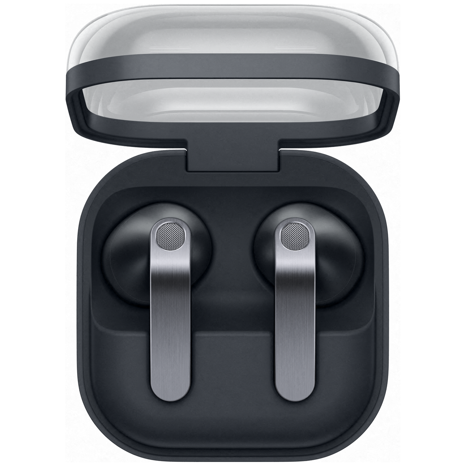Wireless earbuds in a black charging case with the lid open.