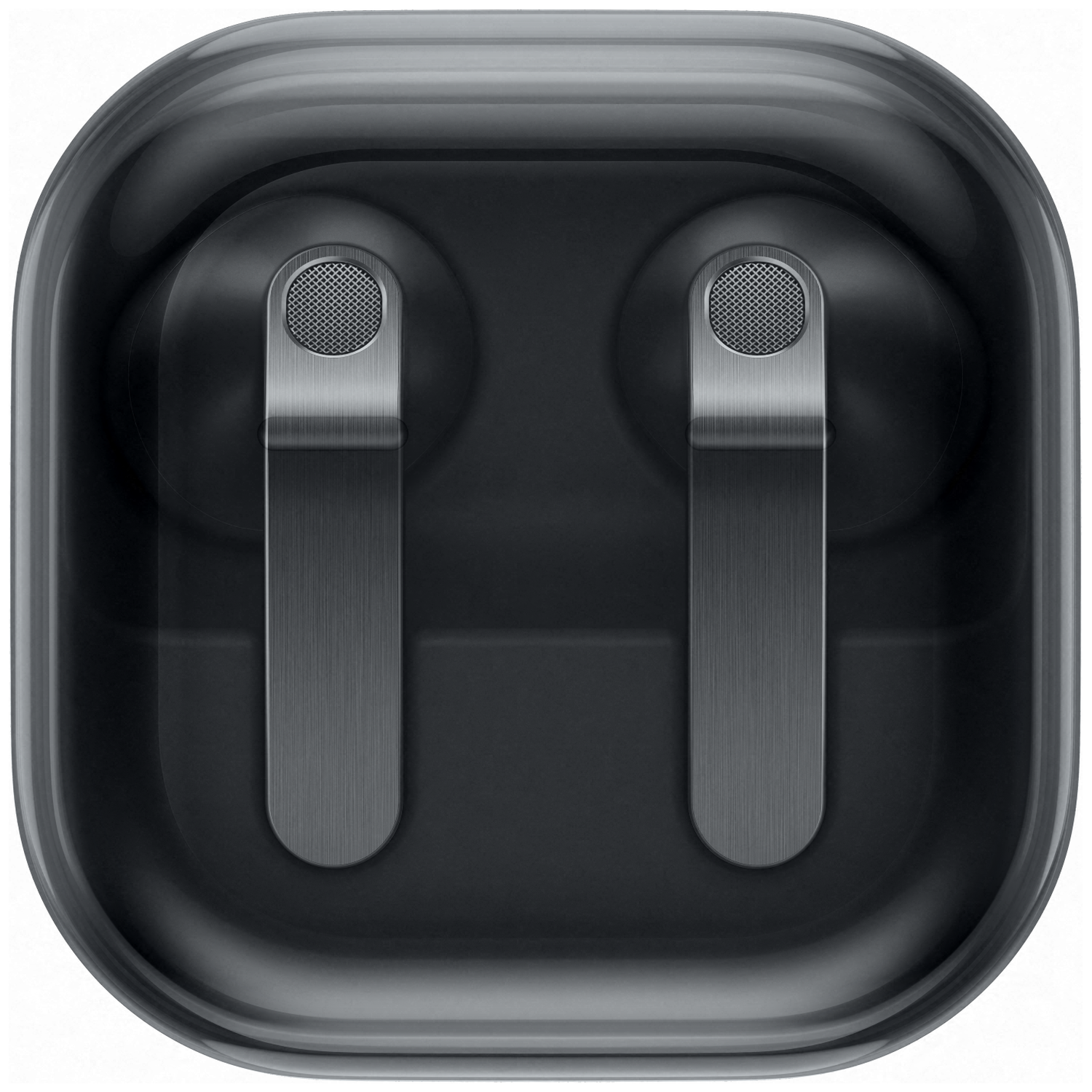 Two black wireless earbuds in their charging case.