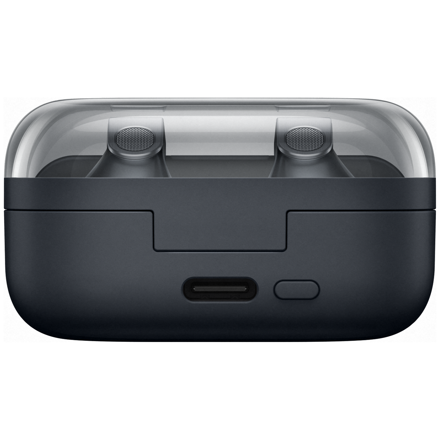 Dark gray charging case with a clear lid and two earbuds visible.