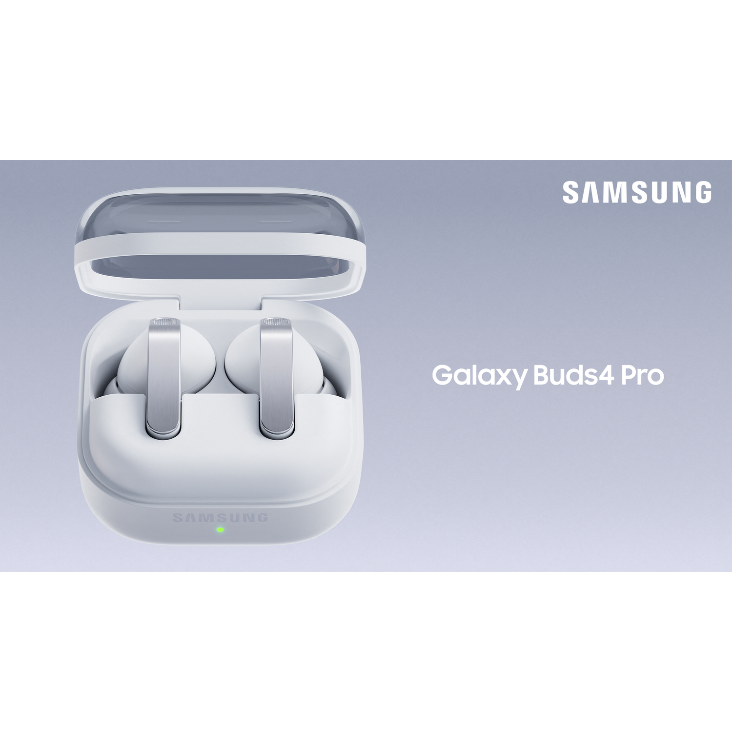 White Samsung Galaxy Buds4 Pro with open charging case, green LED light.