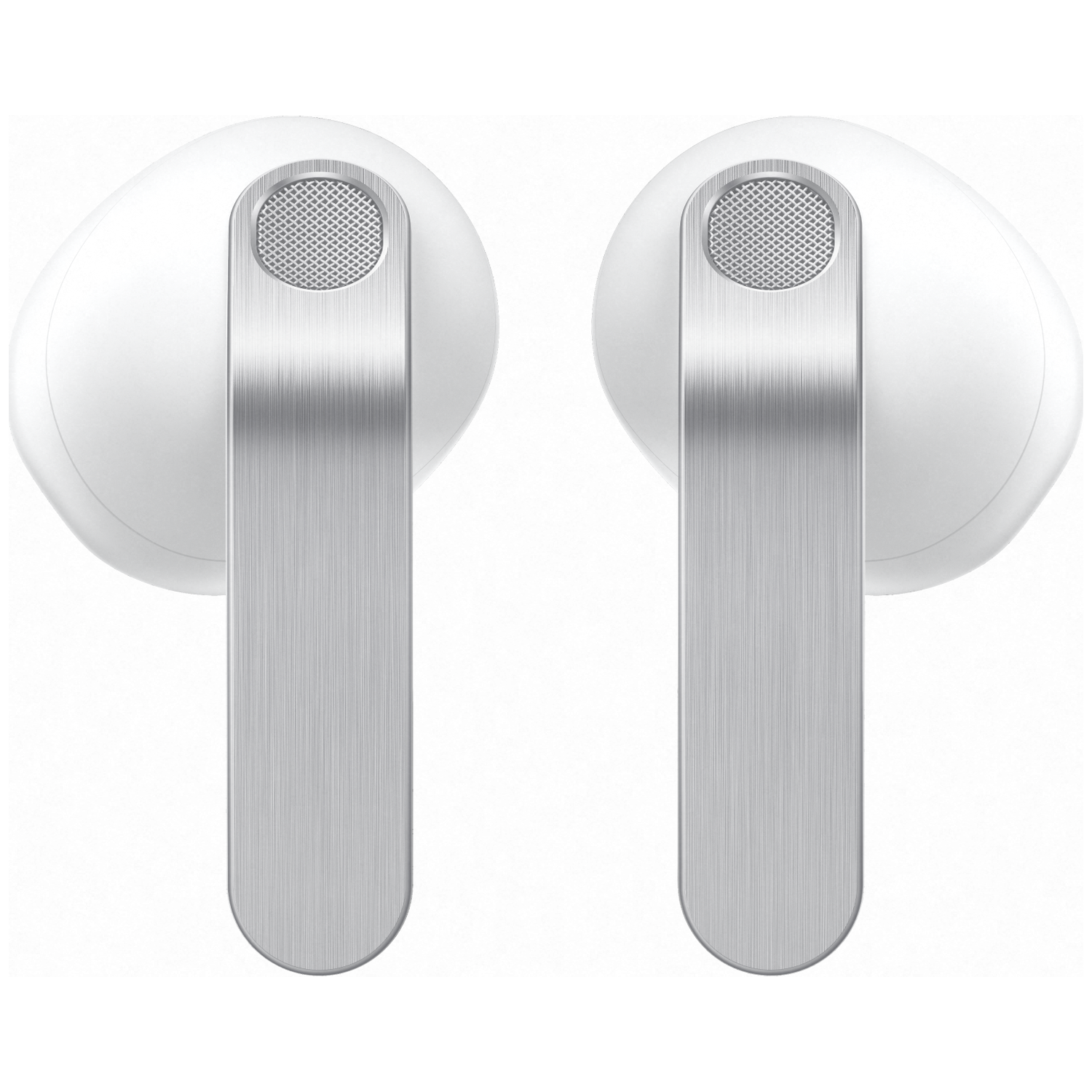 Two white wireless earbuds with silver accents stand side-by-side.