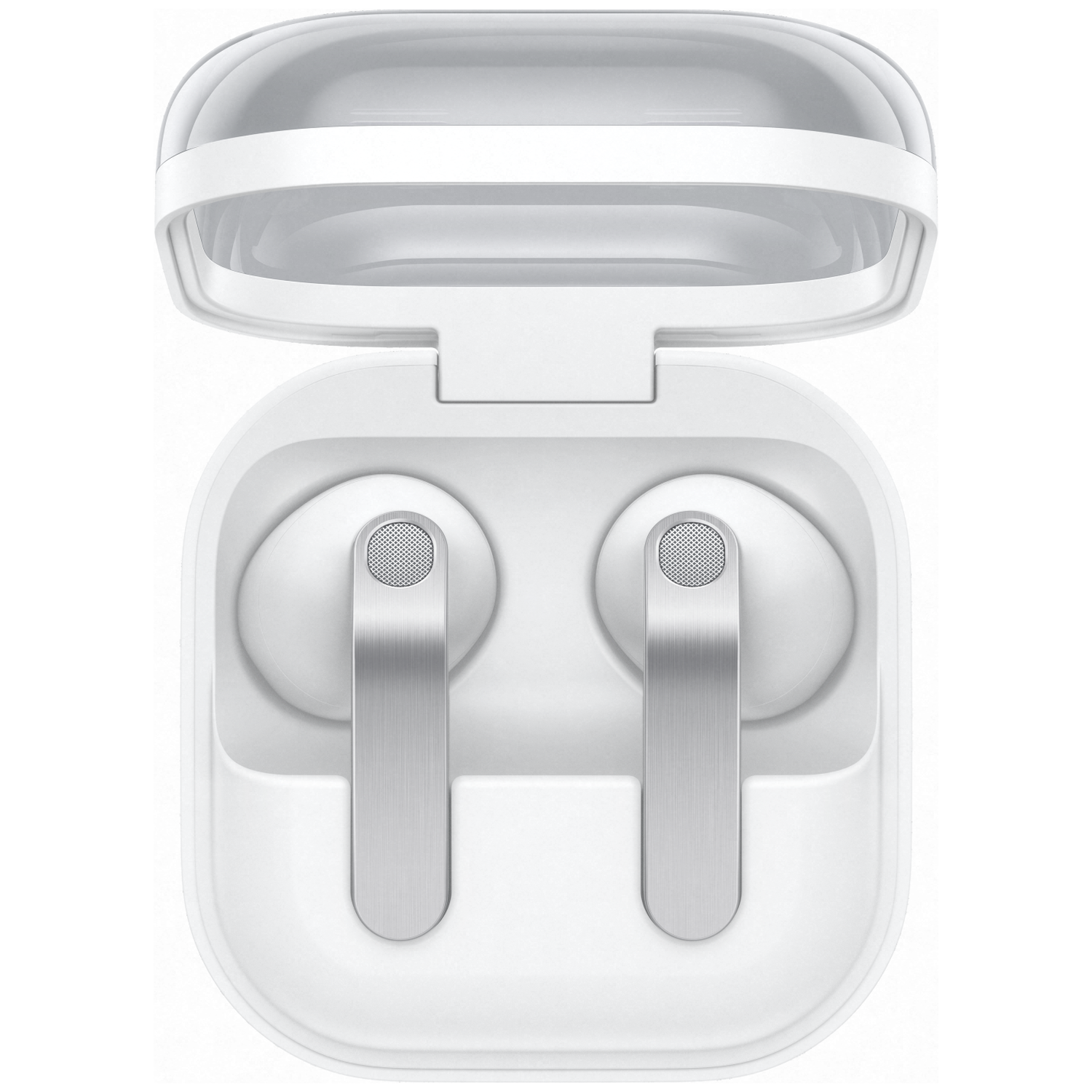 White earbuds with silver accents in an open charging case.
