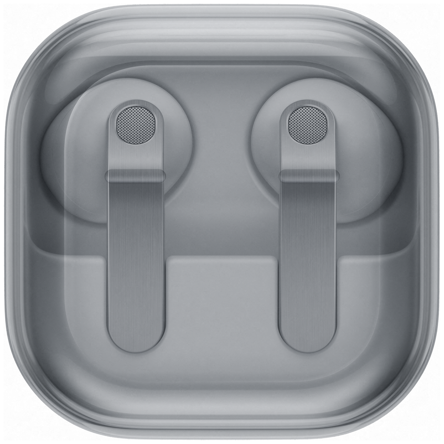 Gray charging case with two white earbuds