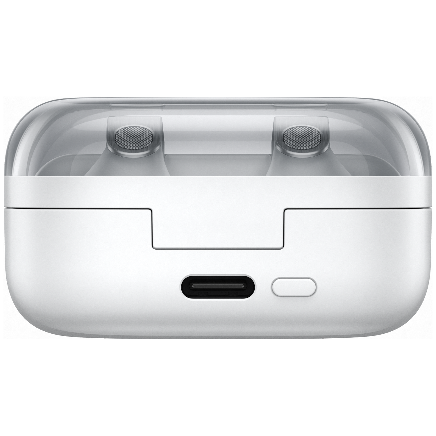 White earbud charging case with clear lid and USB-C port.