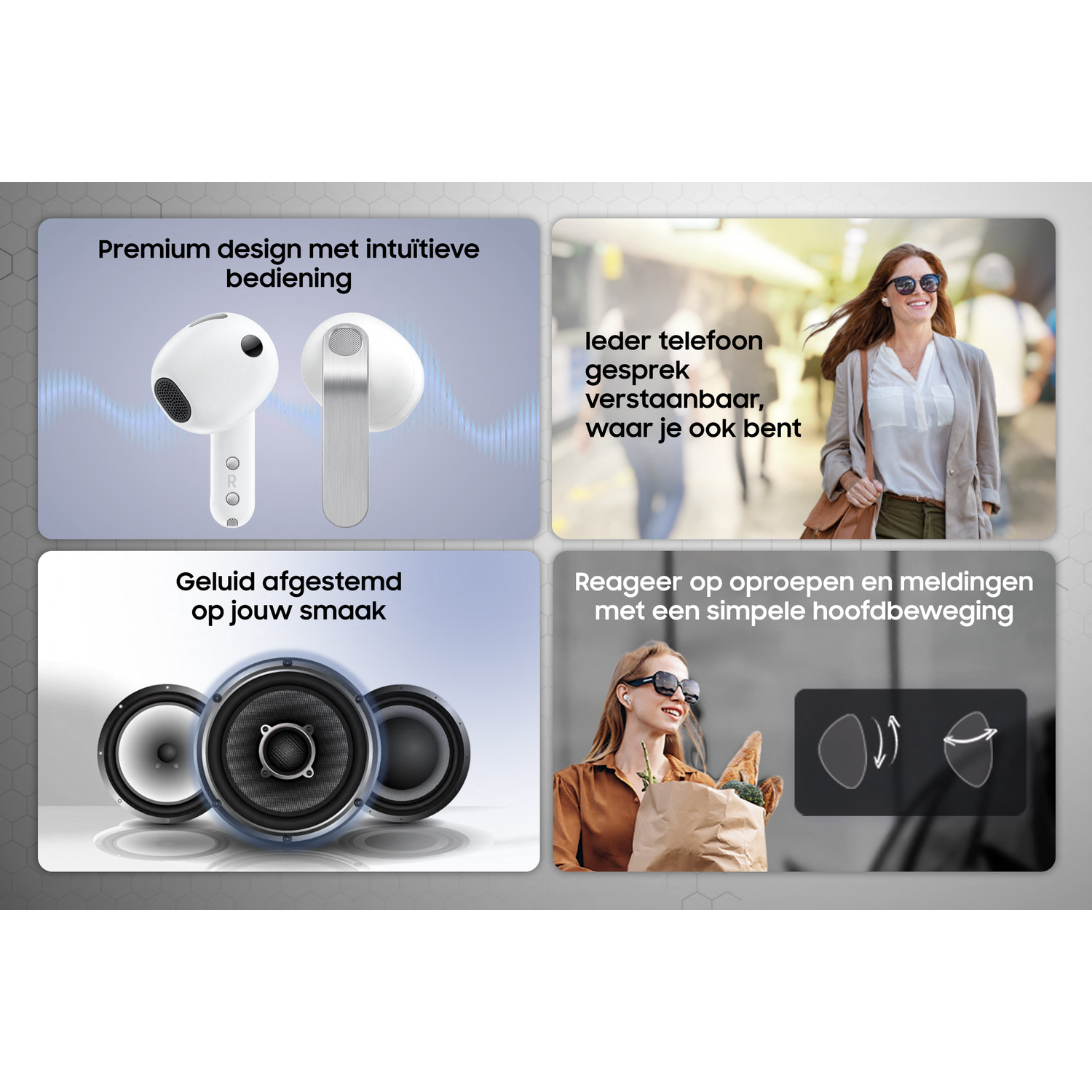 Four images: white earbuds, woman, speakers, woman with earbuds and grocery bag.