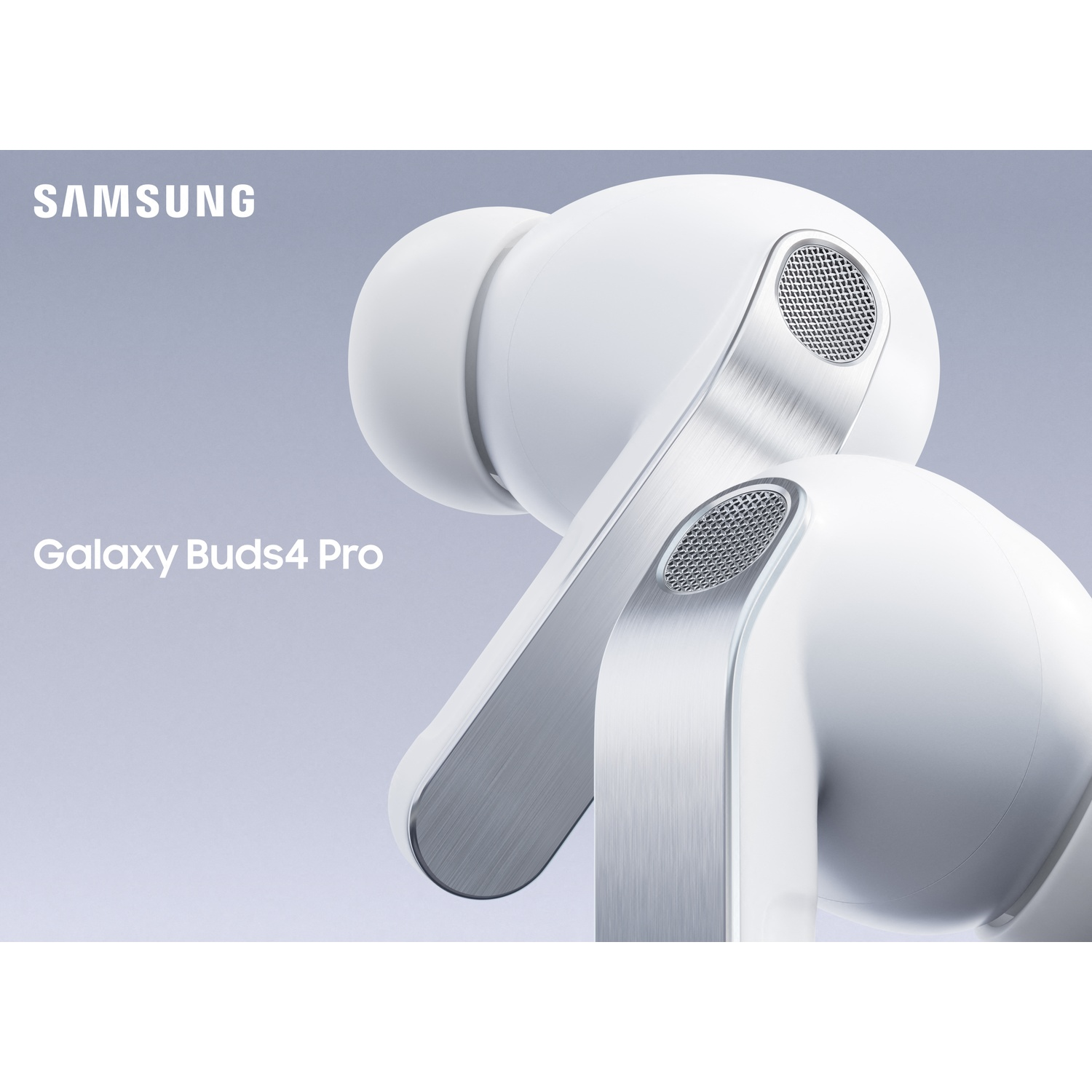 White Samsung Galaxy Buds4 Pro with silver accents on a gray background.