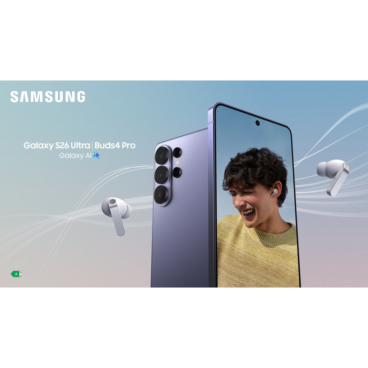 Samsung phone with earbuds, man in phone display wears yellow sweater.