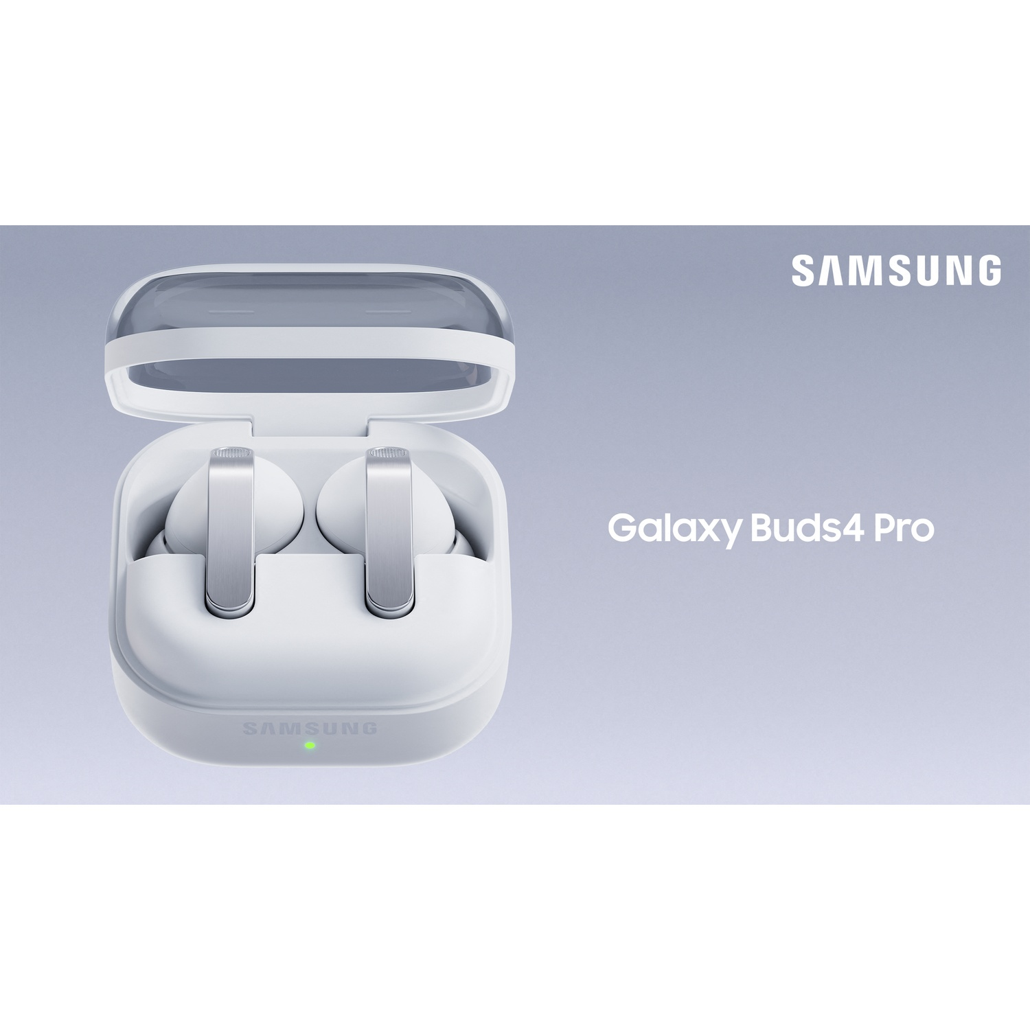 White Samsung Galaxy Buds4 Pro in an open charging case with silver accents.