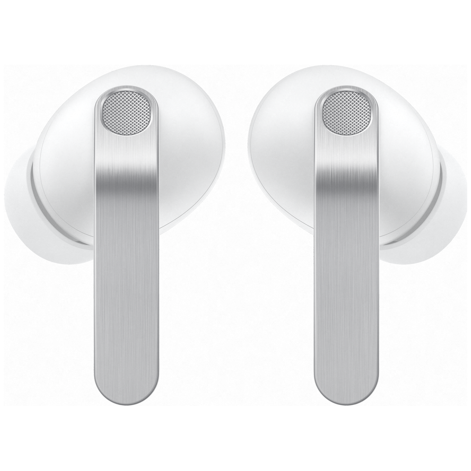 Two white earbuds with silver stems, isolated on a white background.