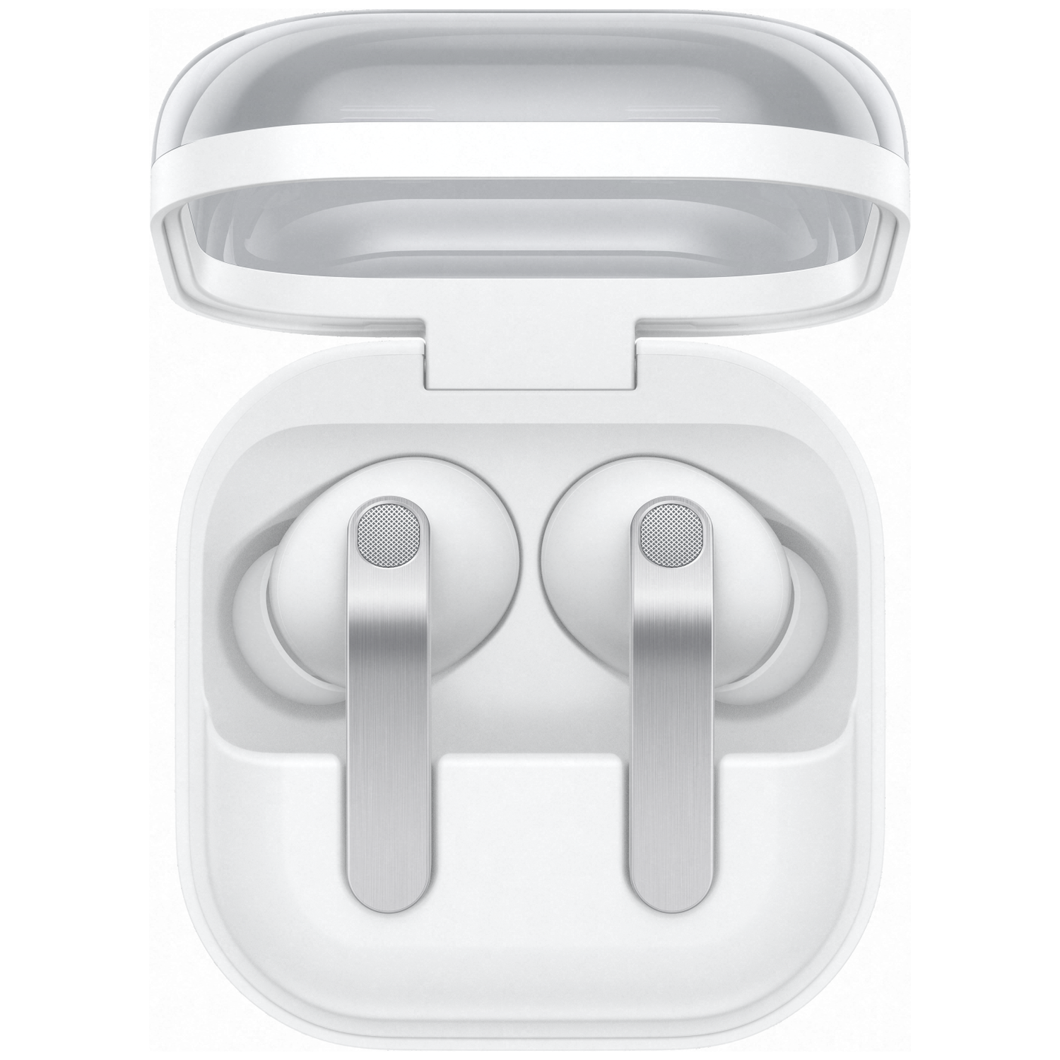 White wireless earbuds with silver accents inside an open charging case.
