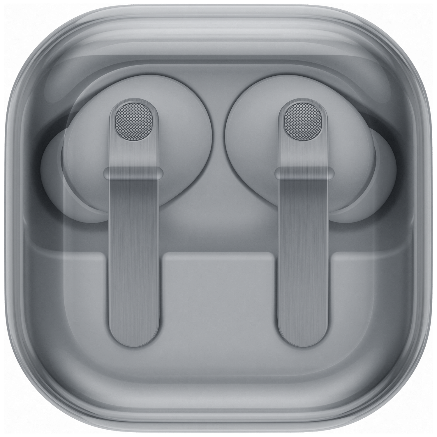 Gray earbuds with stems inside a clear charging case.