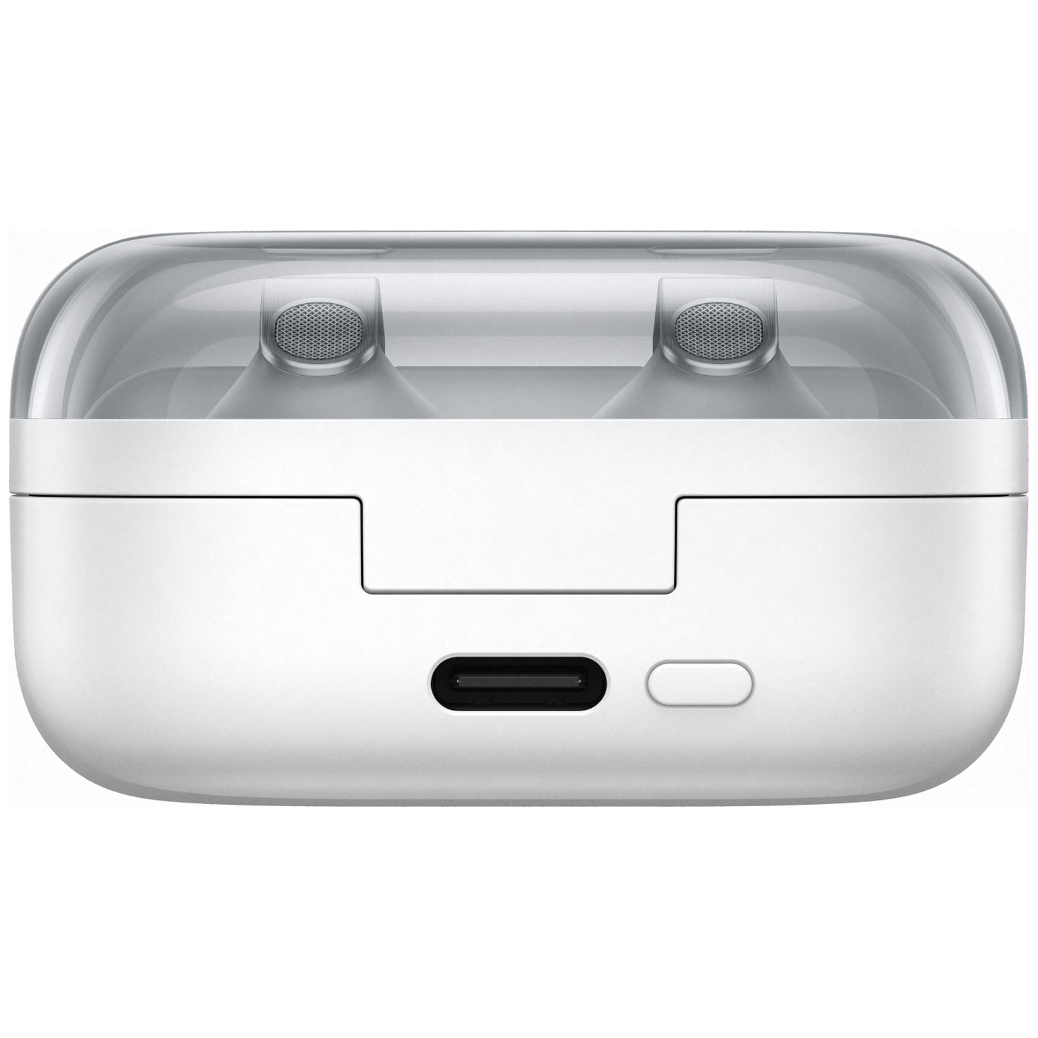 White earbud charging case with clear lid and charging port.