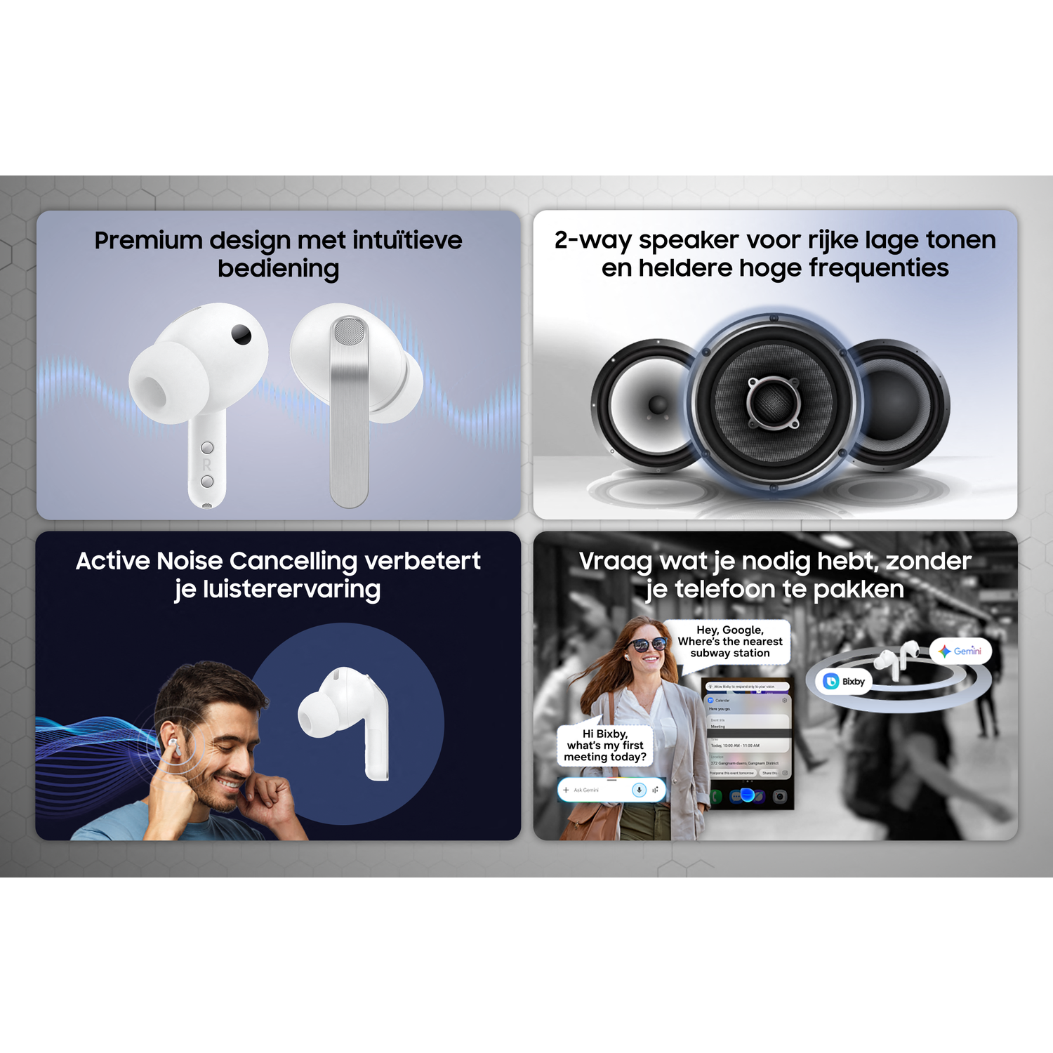 Four images: Earbuds, speakers, man with earbuds, woman with smartphone assistant.