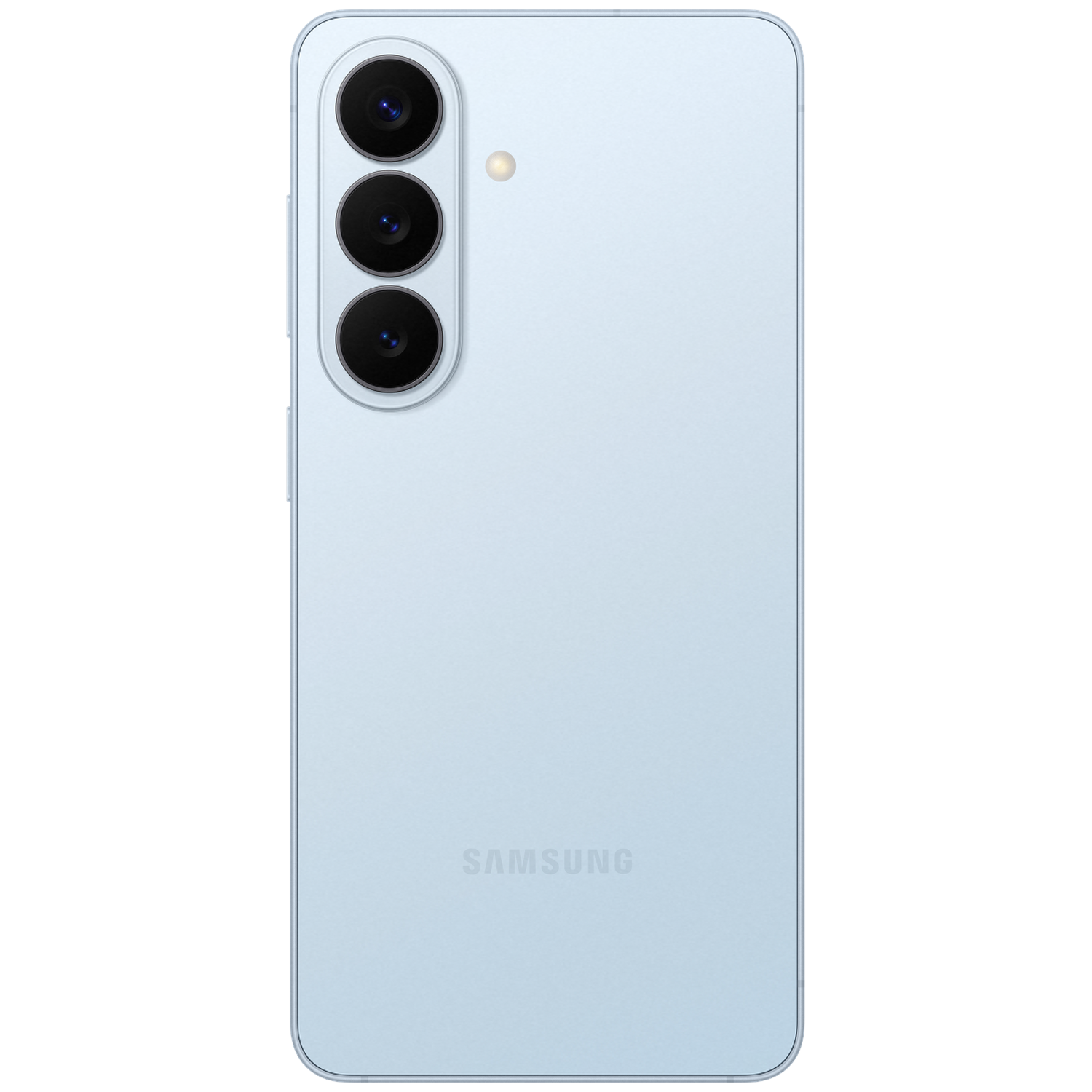 Light blue Samsung smartphone with three cameras and a flash.