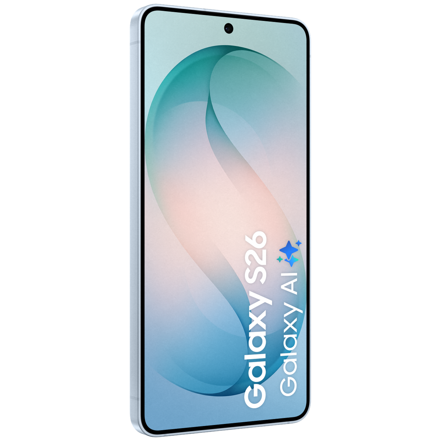 A light blue smartphone displaying a wave pattern in blue and pink tones on screen.