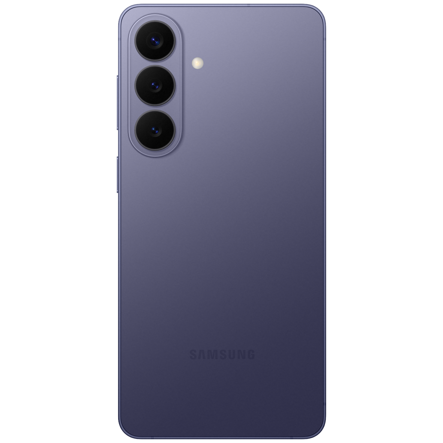 Back of a purple Samsung smartphone with three camera lenses and a flash.