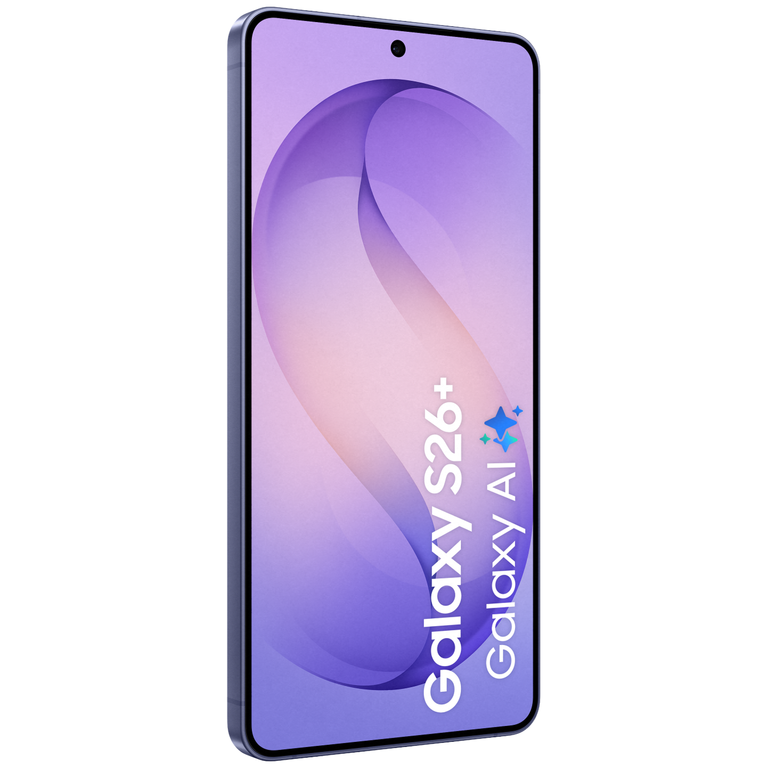 A smartphone with a purple background and text.