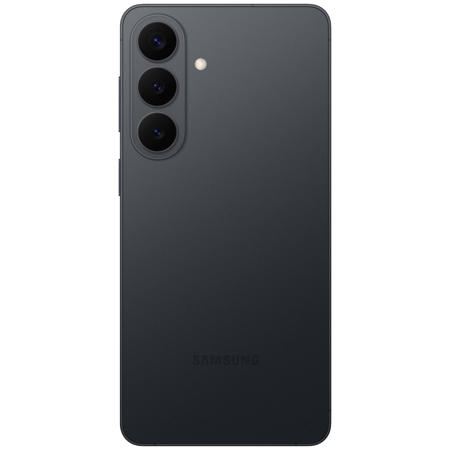 Back of a dark Samsung smartphone with three cameras and a flash.