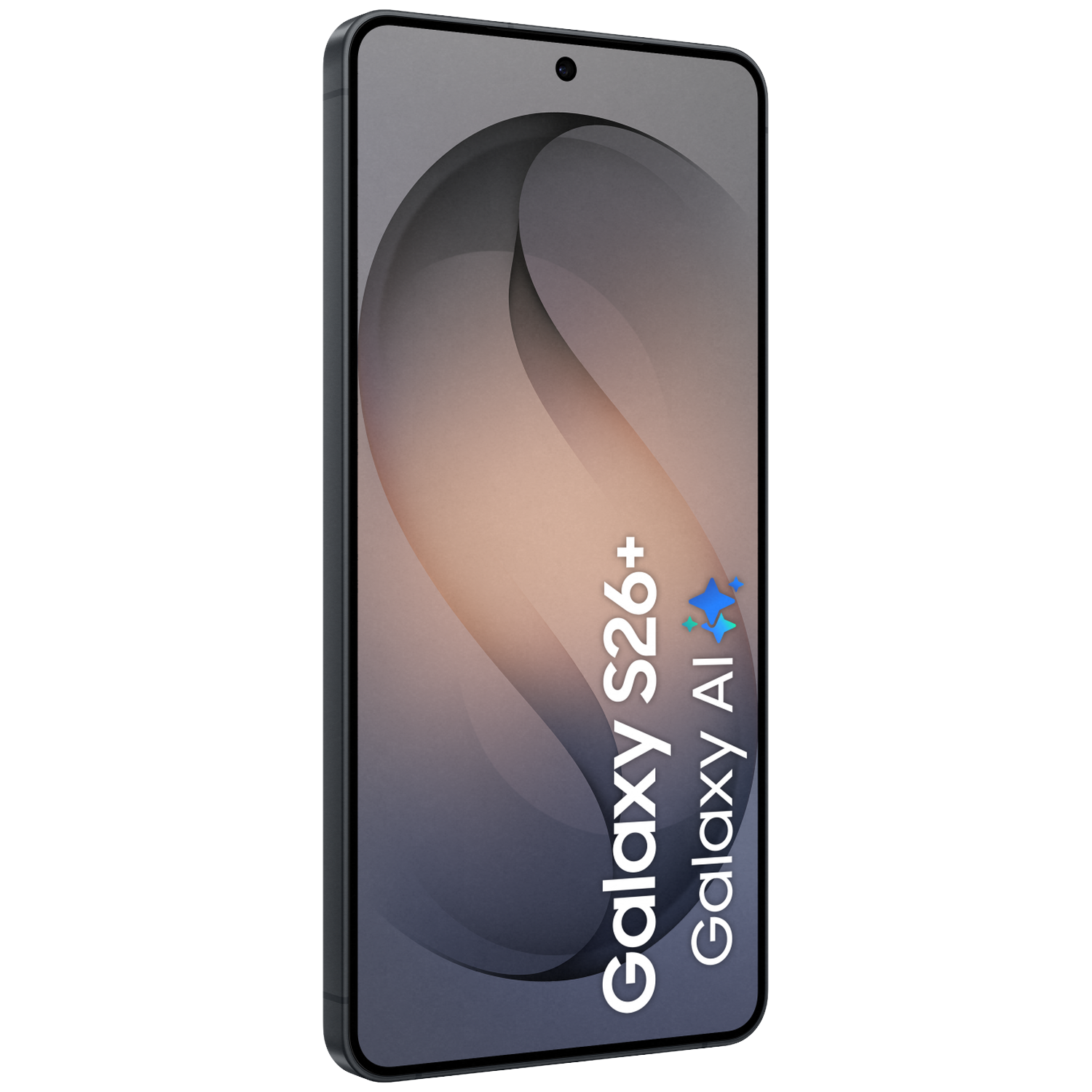 A gray smartphone displays 'Galaxy S26+ Galaxy Al' on a dark background.